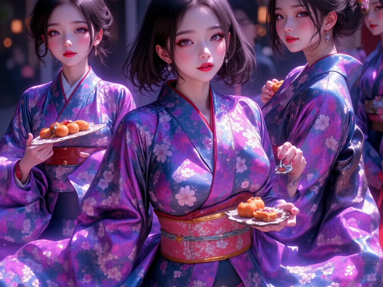  New Year's party scene , multiple beautiful young women ,(masterpiece:1.3, top quality :1.3, very detailed depiction:1.3, Incredible High Definition :1.3,High quality anime drawings),,( brightly colored Japanese kimono :2.0,Vibrant embroidery),( purple eyes, half-closed eye , flashy makeup, black hair, glossy lips, big breasts,Beautiful legs,High quality skin, smiling happily),( scene eating food ,Everyone is eating mochi dishes, New Year dishes ,New Year's gathering ,Toso), not looking at me ,Bird&#39;s-eye view