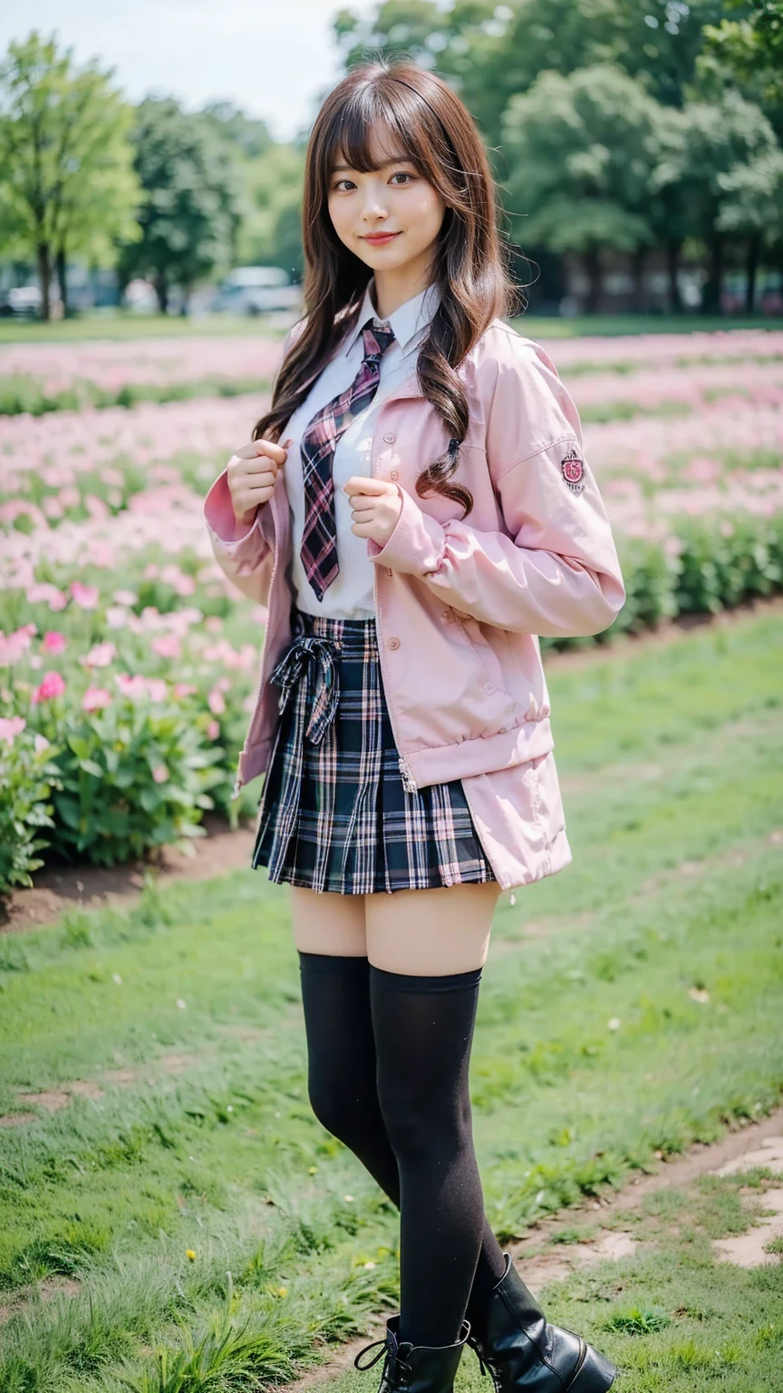 (8k、     RAW photos   、   top quality、masterpiece   :1.2)、(   realistic  、   realistic  )、1 person、((bangs、 ties、、tights、 boots、 Pink Jacket 、 Long Sleeve 、smile、whole body、 Black Plaid Mini Skirt、 shows shoulders、Flower Field、Narrow waist、 curled hair 、  standing facing you   )、 cute