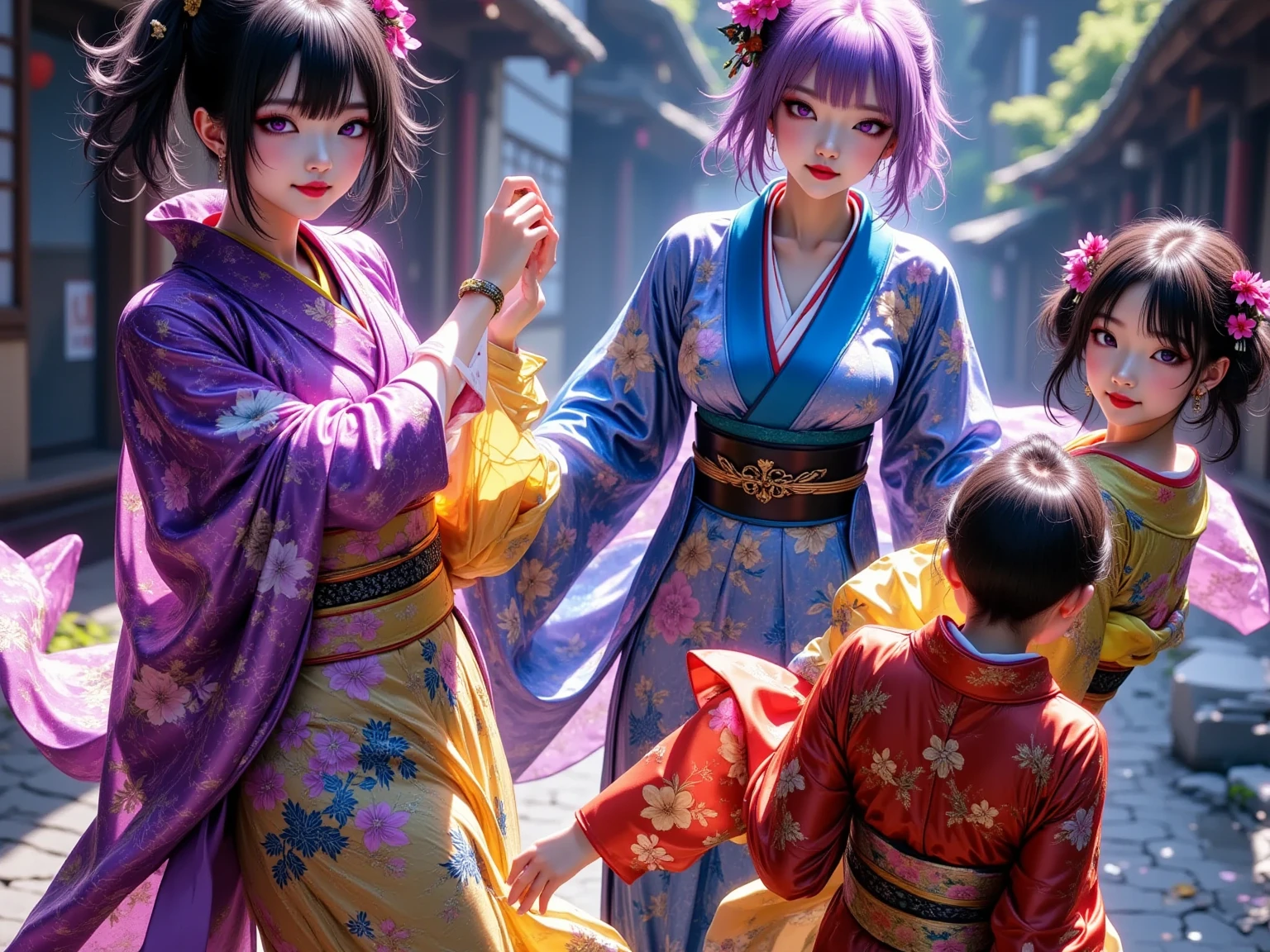  New Year's party scene , multiple beautiful young women ,(masterpiece:1.3, top quality :1.3, very detailed depiction:1.3, Incredible High Definition :1.3,High quality anime drawings),(Japanese kimono in bright colors:2.0,Vibrant embroidery),( purple eyes, half-closed eye , flashy makeup, black hair, glossy lips, big breasts,Beautiful legs,High quality skin, smiling happily),( scene eating food ,Everyone is eating mochi dishes, New Year dishes ,New Year's gathering ,Toso), not looking at me ,Bird&#39;s-eye view