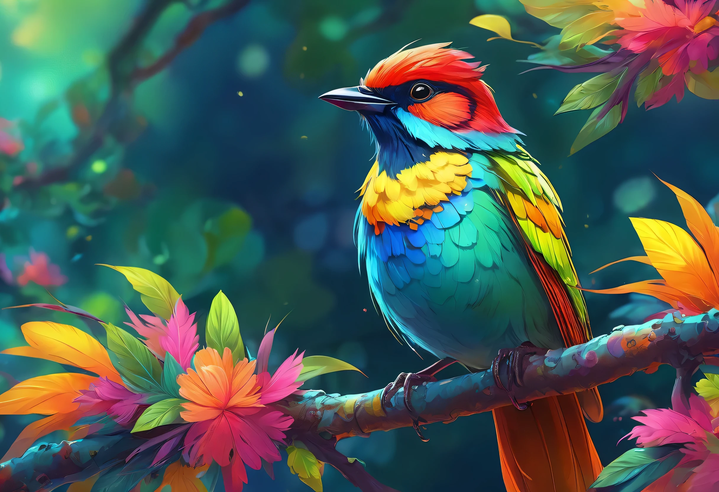  brightly colored bird perched on a branch with leaves in the background,  DIGITAL PAINTING INSPIRED BY CHARLES BIRD KING,  shutterstock ,  fantasy art, Colorful 8k,   colorful HD images  ,  beautiful、 and colorful , Colorful Birdsと長い,   beautiful colorful, Colorful Birds, Vivid and realistic colors, Colorful 4k,  beautiful vivid colors, Colorful feathers,  