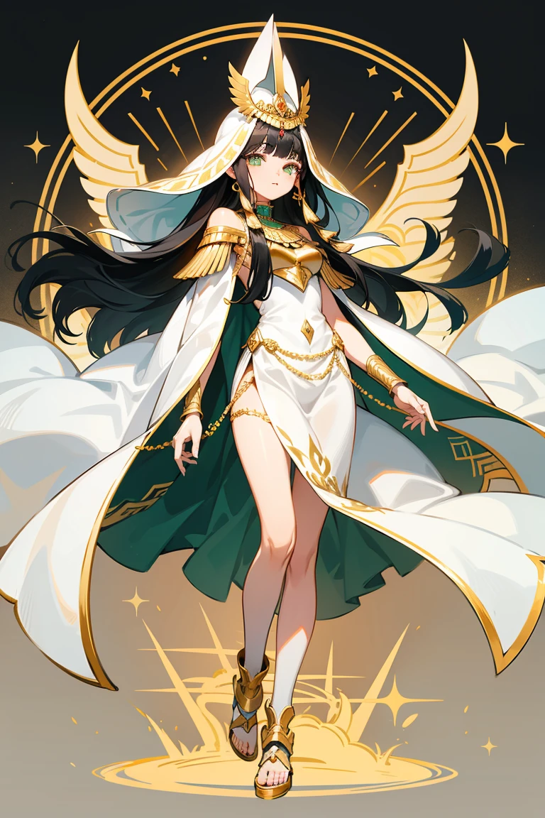  kvinner, , gold ornaments , white cloak ,Green veil,Long hair,Black hair,Full body,พื้นหลังสถาปัตยกรรมEgyptian ,spell,Egyptian ,