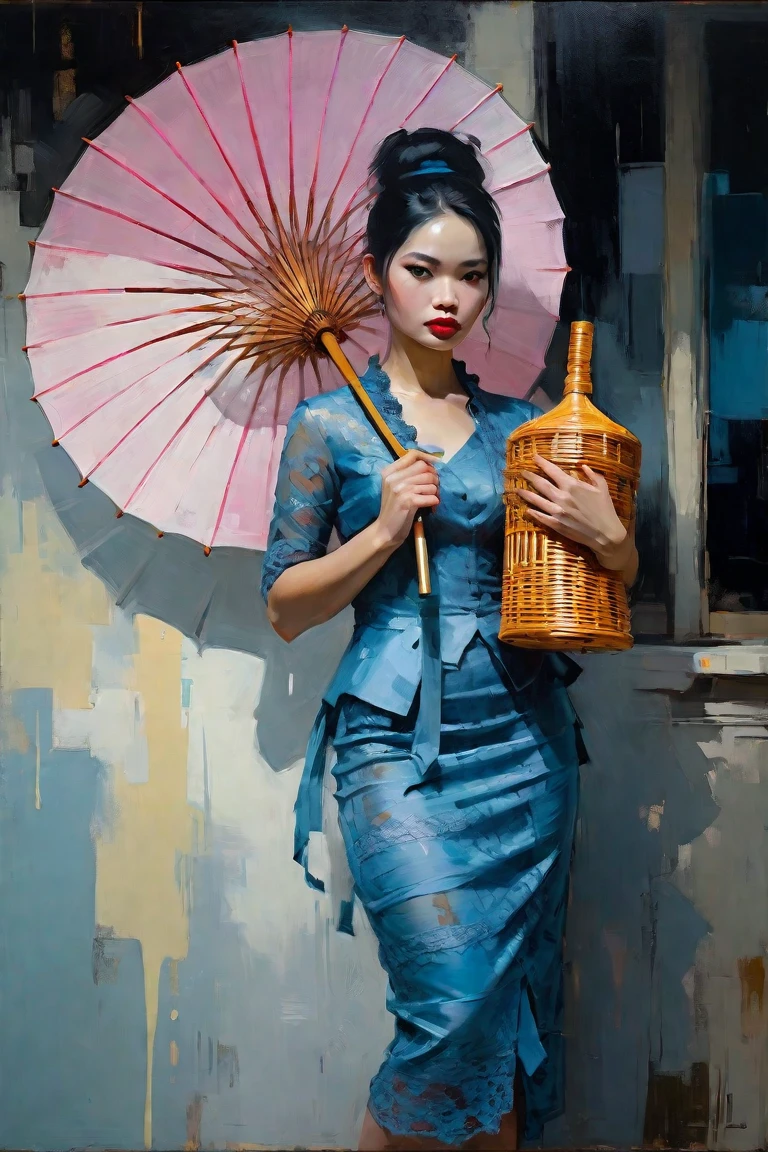 Create a contemporary portrait of a beautiful woman, with Traditional Burmese yellow lace dress, with Pathein umbrella in the
expressive and painterly style of Malcolm Liepke,
utilizing a palette of yellow, light pink, muted blue, dark
grayish blue, bright blue, very dark gray, and
light grayish blue.The portrait should feature a
close-up of the subject's face with strong,
dynamic
brushstrokes and a focus on capturing
the depth and texture characteristic of
Liepke's work. Use light pink and bright
blue for the highlights and vibrant
areas,while employing muted blue, dark
grayish blue, very dark gray, and light
grayish blue to create shadows and
depth. Ensure the background
complements
the portrait with subtle variations of the
same color 
palette, evoking a sense of modern
elegance and
emotional intensity