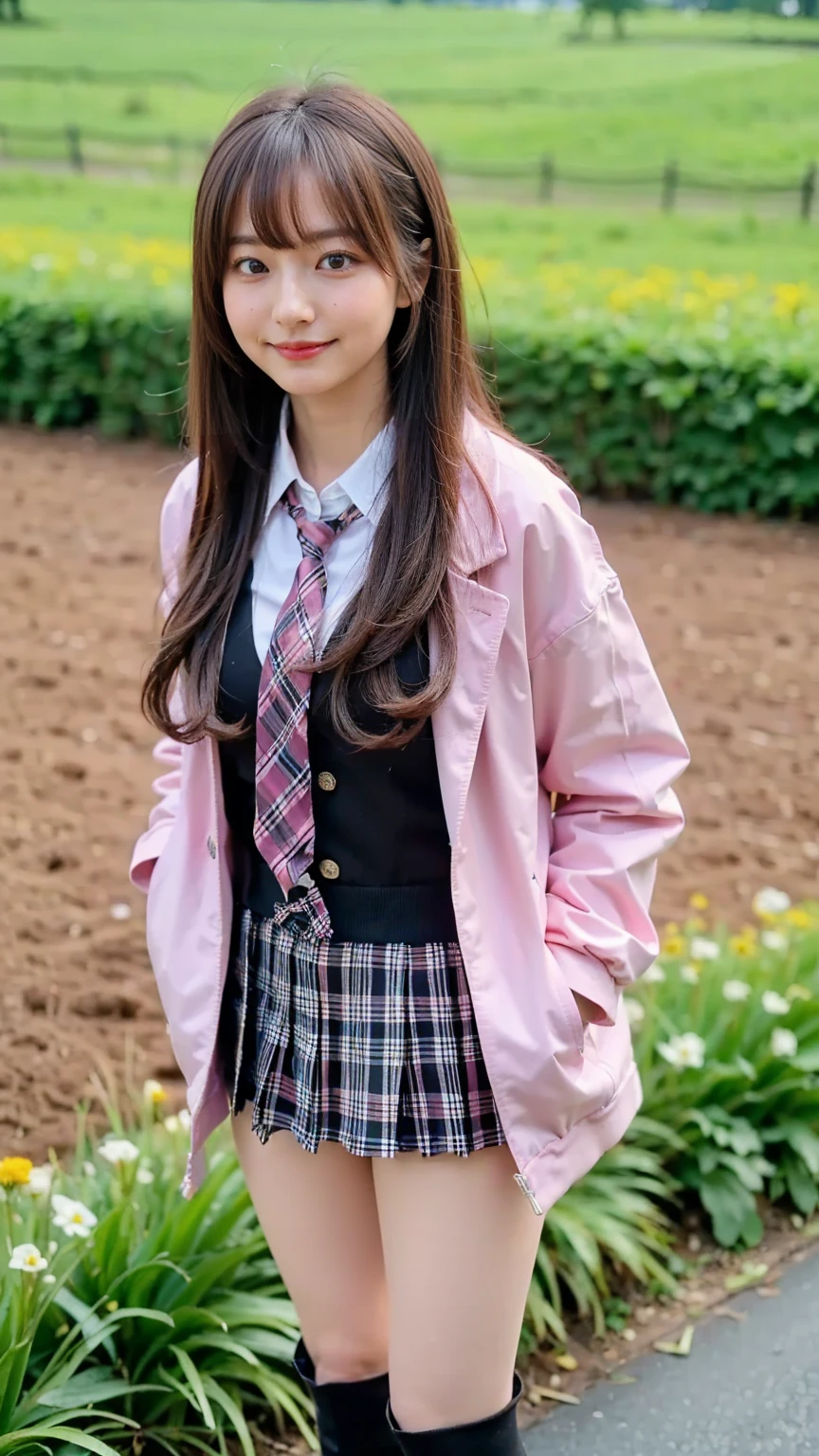 (8k、     RAW photos   、   top quality、masterpiece   :1.2)、(   realistic  、   realistic  )、1 person、((bangs、 ties、、tights、 boots、 Pink Jacket 、 Long Sleeve 、smile、whole body、 Black Plaid Mini Skirt、 shows shoulders、Flower Field、Narrow waist、 curled hair 、  standing facing you   )、 cute