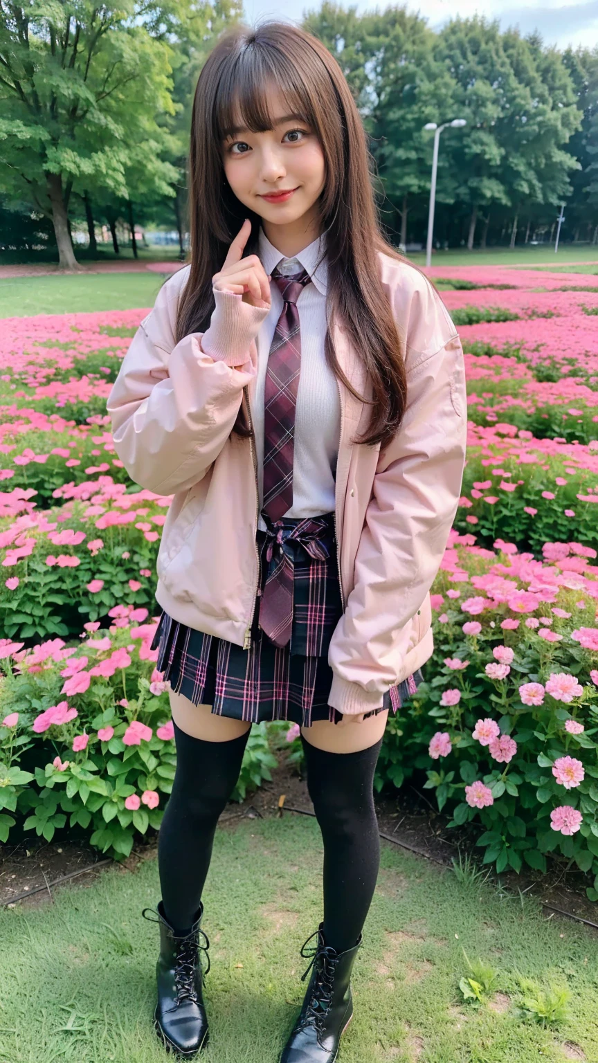 (8k、     RAW photos   、   top quality、masterpiece   :1.2)、(   realistic  、   realistic  )、1 person、((bangs、 ties、、tights、 boots、 Pink Jacket 、 Long Sleeve 、smile、whole body、 Black Plaid Mini Skirt、 shows shoulders、Flower Field、Narrow waist、 curled hair 、  standing facing you   )、 cute