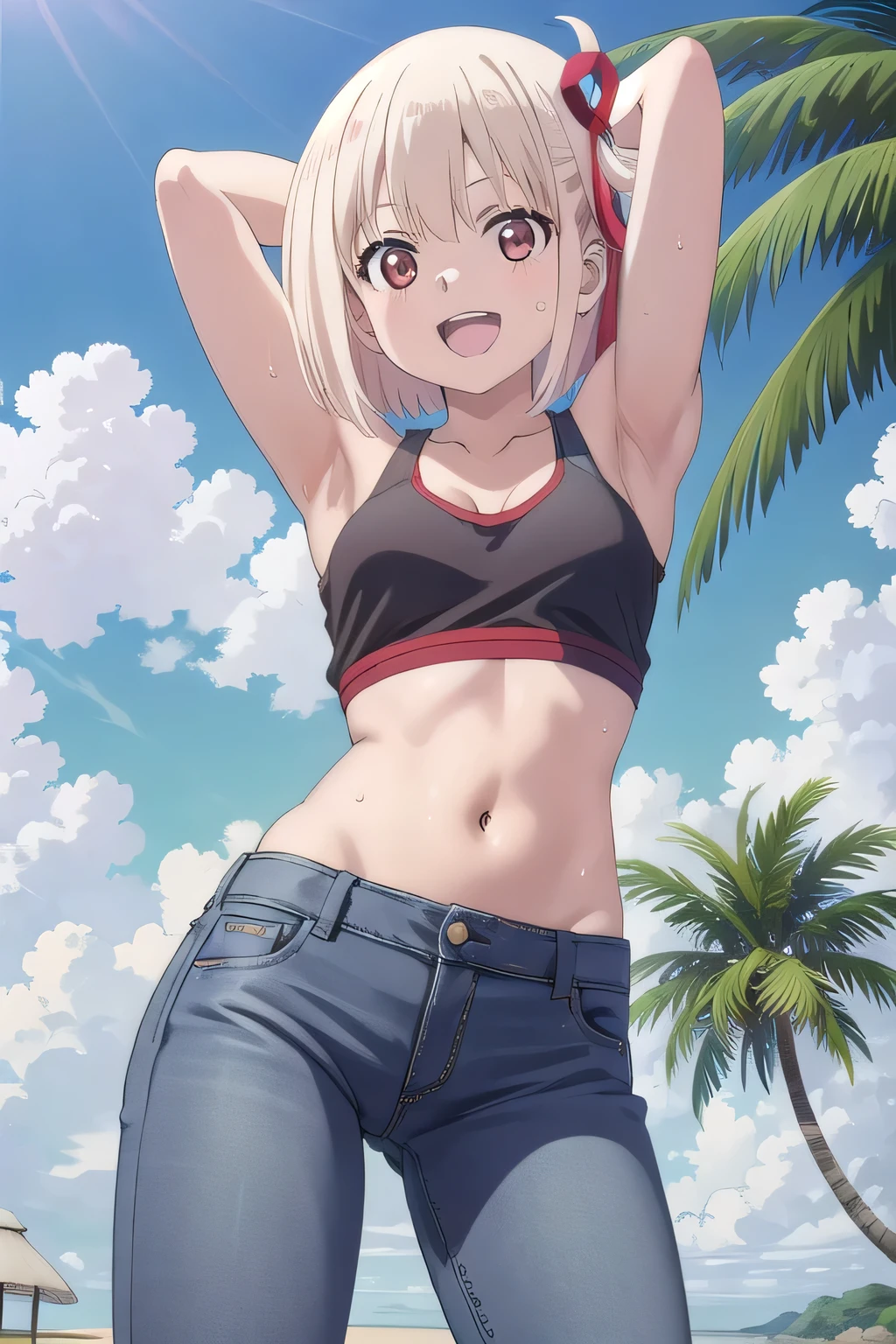 masterpiece,best quality,ultra detail,1girl, , peti smile happily, Open mouth, white teeth, background((under the beach, (day:1.2), palm tree, bright sky)), chisato nishikigi, short hair, bangs, blonde hair, (red eyes:1.5), hair ribbon, one side up, bob cut, arms behind head, contrapposto, spread armpits, looking at viewer,, White tank top, White crop top, jeans, blue pants, (flares jeans 1:1), blue jeans, standing, (legs spread:3:1), sex pose, Sweaty crotch, Steam from the crotch, from below, full medium body