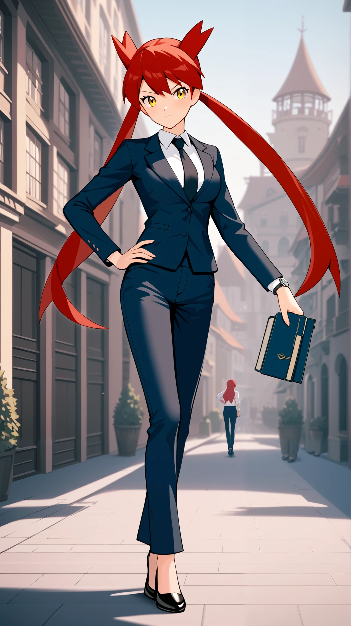 (( top quality )), ((masterpiece)), (( Details)), 1girl, Red hair color,  twin tails,  long hair, Yellow Eyes,  business suit, black jeans suit,  ties,  Tall,  black high heels,  ANIME COLORING BOOK,  Watch Viewers , 1 Female, Age 18,  is standing, whole body, Place one hand on hip,  slim figure,  serious expression, town, (\ Pokémon\),  score_9,  score_8_Excellent,  score_7_Excellent,  score_6_Excellent,  source_Anime,  Cell Shading,  flat color, vector, Ample breasts, Two legs, two arms,