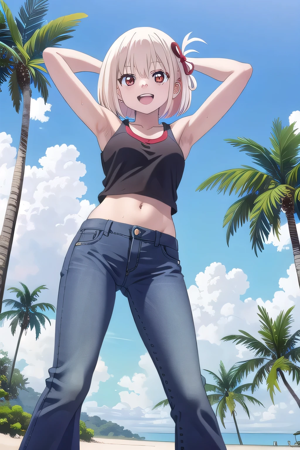 masterpiece,best quality,ultra detail,1girl, 14yo, petite, smile happily, Open mouth, white teeth, background((under the beach, (day:1.2), palm tree, bright sky)), chisato nishikigi, short hair, bangs, blonde hair, (red eyes:1.5), hair ribbon, one side up, bob cut, arms behind head, contrapposto, spread armpits, looking at viewer,, White tank top, White crop top, jeans, blue pants, (flares jeans 1:1), blue jeans, standing, (legs spread:3:1), sex pose, Sweaty crotch, Steam from the crotch, from below, full medium body