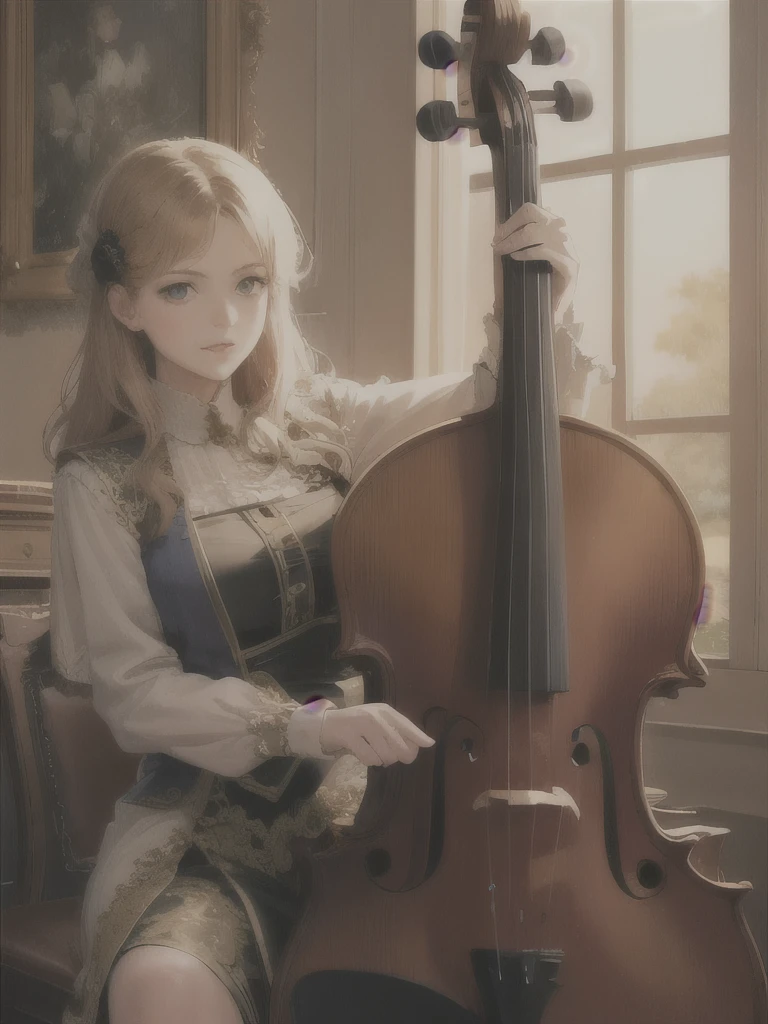 there is a violin that is sitting on a table, a pastel by Kinuko Y. Craft, pinterest, rococo, dreamy and detailed, (fantasy violin), ornate and detailed, fantasy violin, ornate and flowing, ornate and elegant, very ornamented, ivory rococo, elegant and ornate, baroque detailed, exquisitely ornate, double bass, sweet artpiece
