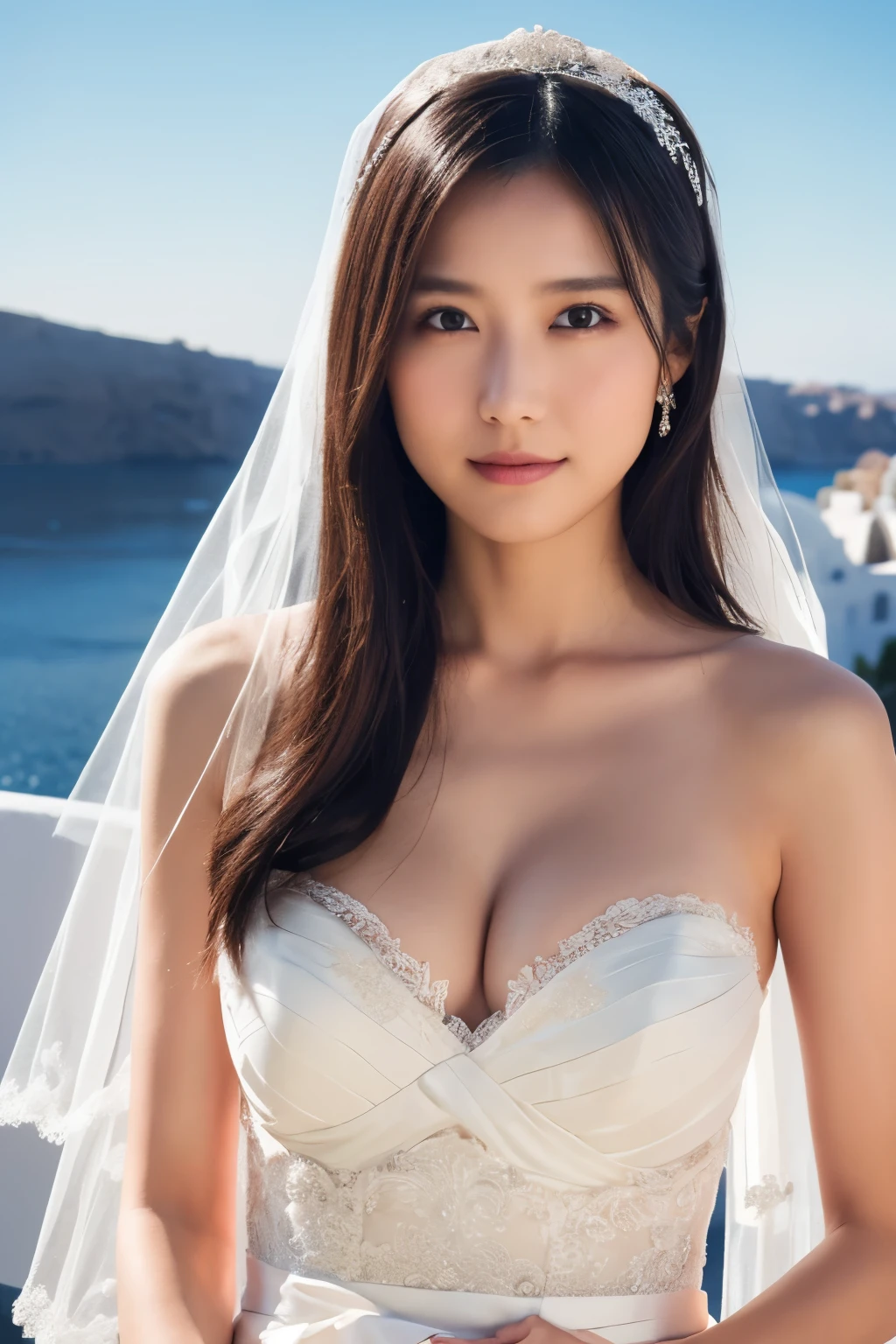  1 girl, ( wear a wedding dress:1.2), (Veil),  very beautiful Japanese idol portrait, 
( RAW photos,  top quality ), ( realistic,  realistic:1.4), (masterpiece), 
 very delicate and beautiful ,  very detailed, 2k wallpaper,  amazing on the beach, finely,  very detailed CG Unity 8K wallpaper,  very detailed,  high res, Soft light, 
 girl with beautiful details wearing a navy blue blouse,  very detailed目と顔,  beautiful and sophisticated nose ,  beautiful beautiful eyes under the sun,  movie lighting, 
(Santorini church ), (bell), (Aegean Sea),
Perfect Anatomy ,  slender body,  small breasts, (A shy smile:0.8), whole body