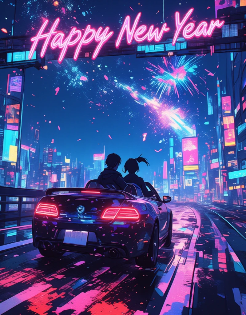 "Happy New Year" will be displayed on the screen as a header. 
fireworks of celebration, celebratory colorful petals falling from the sky, 
Neon lights shine in the night city. 
I drive with you. Musical notes play from the car stereo. 
I run through the night sky. Your smile makes my heart flutter,  I feel that this is love. This is the story of you and me. I surrender myself to the free wind and keep running on the highway. 
The party for just the two of us continues. glitch, GLSHS