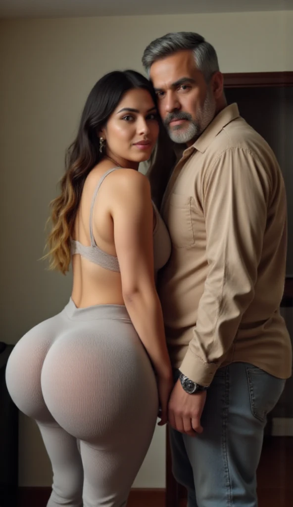 Indian couple, tall hot healthy curvy physique body white skin toned south indian white skin curvy girl with long black and yellow color dyed single plaited hair, simple black bindhi, thick thighs, perfect curvy ass, woman wearing bra(big breast) and underwear(slim waist), indian dark skin old man with fat body short salt and pepper color hairstyle and beard, old man’s hand grabbed woman ass, old man wearing shirt and jean, in room, full body view, couple looking at camera, pokies