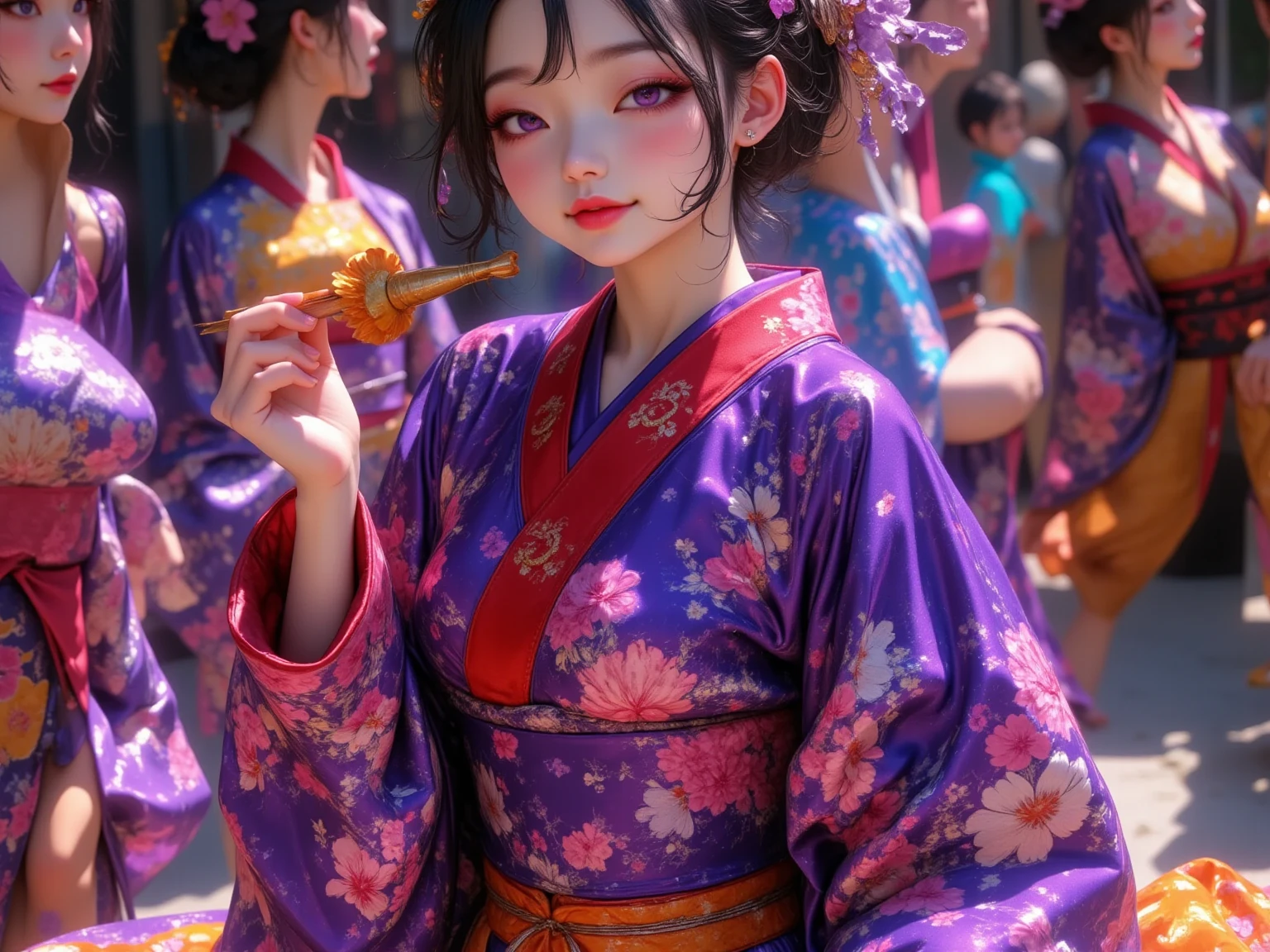  New Year's party scene , multiple beautiful young women ,(masterpiece:1.3, top quality :1.3, very detailed depiction:1.3, Incredible High Definition :1.3,High quality anime drawings),( brightly colored Japanese kimono :2.0,Vibrant embroidery,Everyone wears kimonos with different patterns),( purple eyes, half-closed eye , flashy makeup, black hair, glossy lips, big breasts,Beautiful legs,High quality skin, smiling happily),( scene eating food :2.0,Everyone is eating mochi dishes, New Year dishes ,New Year's gathering ,Toso), not looking at me ,Bird&#39;s-eye view