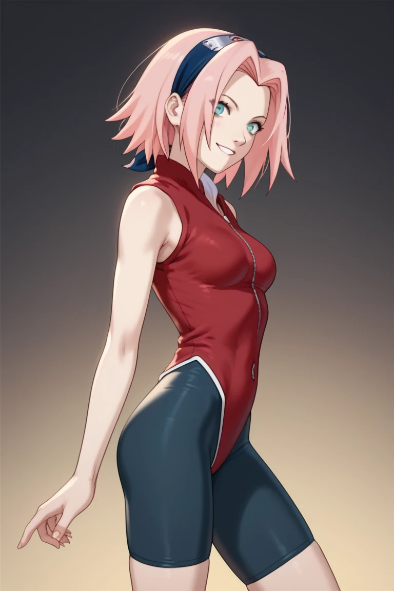 (side angle), slender tiny waist. sexy body, sexy figure, sexy, tiny waist, desireable, tempting, lust, haruno sakura, smile, pink hair, short hair, green eyes, sleeveless, red shirt, forehead protector, bike shorts, petite-body, bodysuit, skin tight, slender body, tiny waist. ass-pose, sexy body, sexy figure, slim thighs, sexy, tiny waist, desireable, tempting, lust, medium breasts, slender body, slim, tiny waist, sexually suggestive pose.