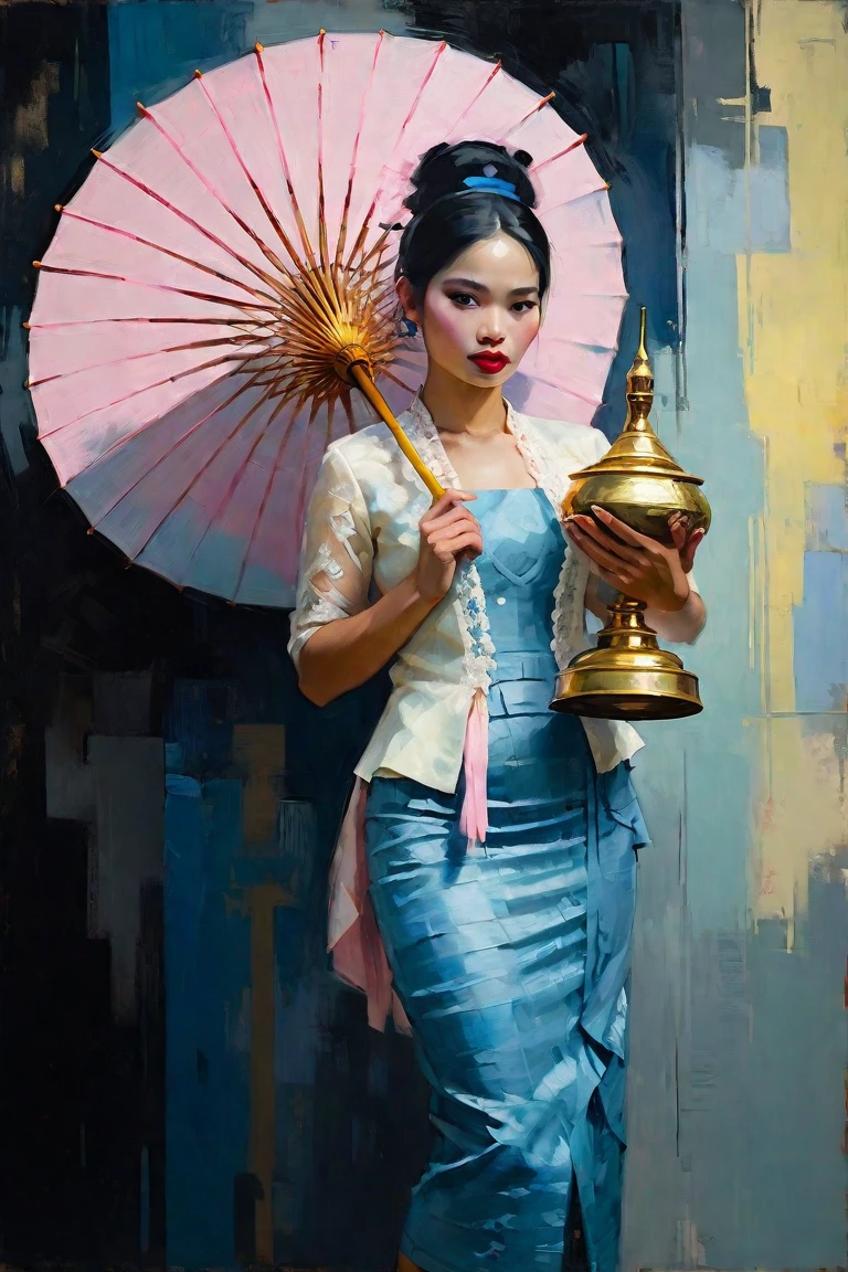 Create a contemporary portrait of a beautiful woman, with Traditional Burmese yellow lace dress, with Pathein umbrella and holding the alms bowl in the
expressive and painterly style of Malcolm Liepke,
utilizing a palette of yellow, light pink, muted blue, dark
grayish blue, bright blue, very dark gray, and
light grayish blue.The portrait should feature a
close-up of the subject's face with strong,
dynamic
brushstrokes and a focus on capturing
the depth and texture characteristic of
Liepke's work. Use light pink and bright
blue for the highlights and vibrant
areas,while employing muted blue, dark
grayish blue, very dark gray, and light
grayish blue to create shadows and
depth. Ensure the background
complements
the portrait with subtle variations of the
same color 
palette, evoking a sense of modern
elegance and
emotional intensity