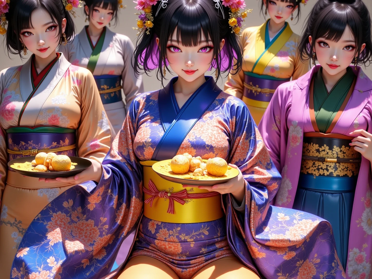  New Year's party scene , multiple beautiful young women ,(masterpiece:1.3, top quality :1.3, very detailed depiction:1.3, Incredible High Definition :1.3,High quality anime drawings),( brightly colored Japanese kimono :2.0,Vibrant embroidery,Everyone wears kimonos with different patterns),( purple eyes, half-closed eye , flashy makeup, black hair, glossy lips, big breasts,Beautiful legs,High quality skin, smiling happily),( scene eating food :2.0,Everyone is eating mochi dishes, New Year dishes ,New Year's gathering ,Toso), not looking at me ,Bird&#39;s-eye view