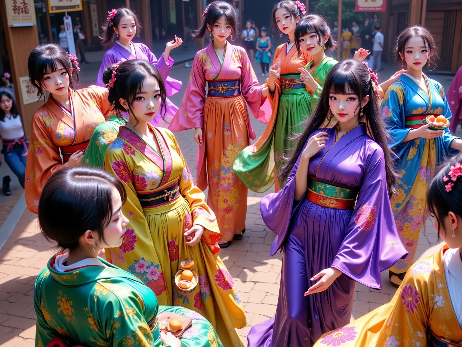  New Year's party scene , multiple beautiful young women ,(masterpiece:1.3, top quality :1.3, very detailed depiction:1.3, Incredible High Definition :1.3,High quality anime drawings),( brightly colored Japanese kimono :2.0,Vibrant embroidery,Everyone wears kimonos with different patterns),( purple eyes, half-closed eye , flashy makeup, black hair, glossy lips, big breasts,Beautiful legs,High quality skin, smiling happily),( scene eating food :2.0,Everyone is eating mochi dishes, New Year dishes ,New Year's gathering ,Toso), not looking at me ,Bird&#39;s-eye view