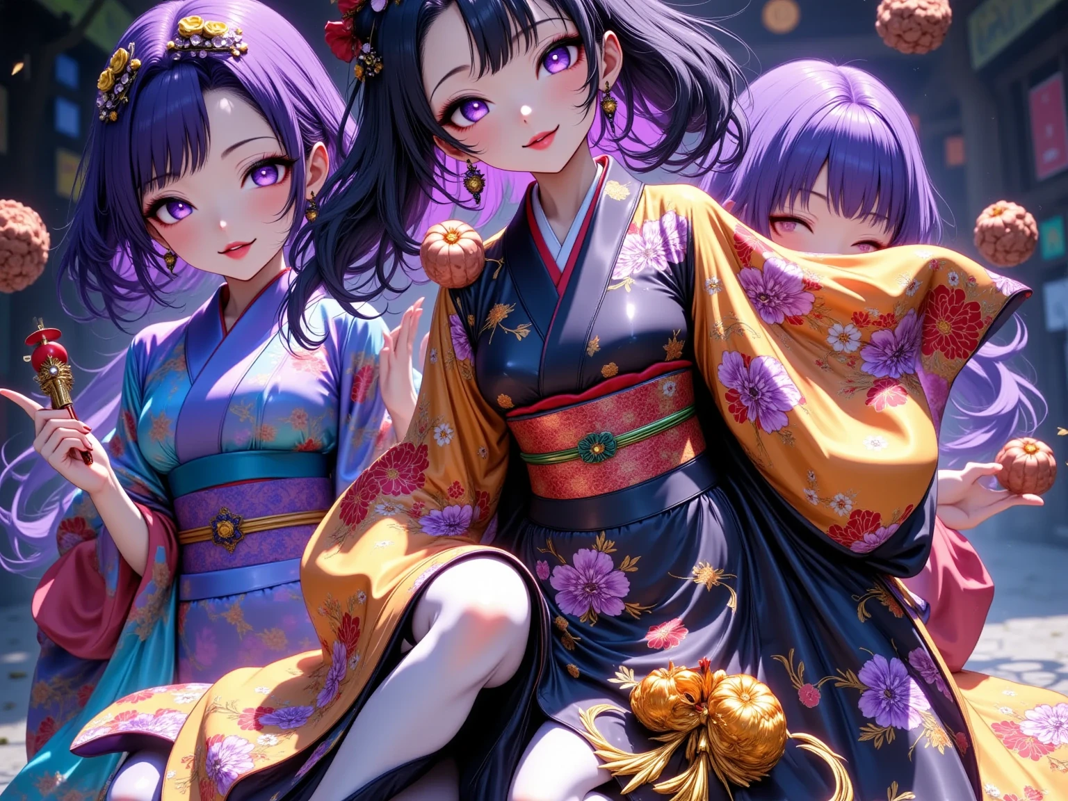  New Year's party scene , multiple beautiful young women ,(masterpiece:1.3, top quality :1.3, very detailed depiction:1.3, Incredible High Definition :1.3,High quality anime drawings),( brightly colored Japanese kimono :2.0,Vibrant embroidery,Everyone wears kimonos with different patterns),( purple eyes, half-closed eye , flashy makeup, black hair, glossy lips, big breasts,Beautiful legs,High quality skin, smiling happily),( scene eating food :2.0,Everyone is eating mochi dishes, New Year dishes ,New Year's gathering ,Toso), not looking at me ,Bird&#39;s-eye view