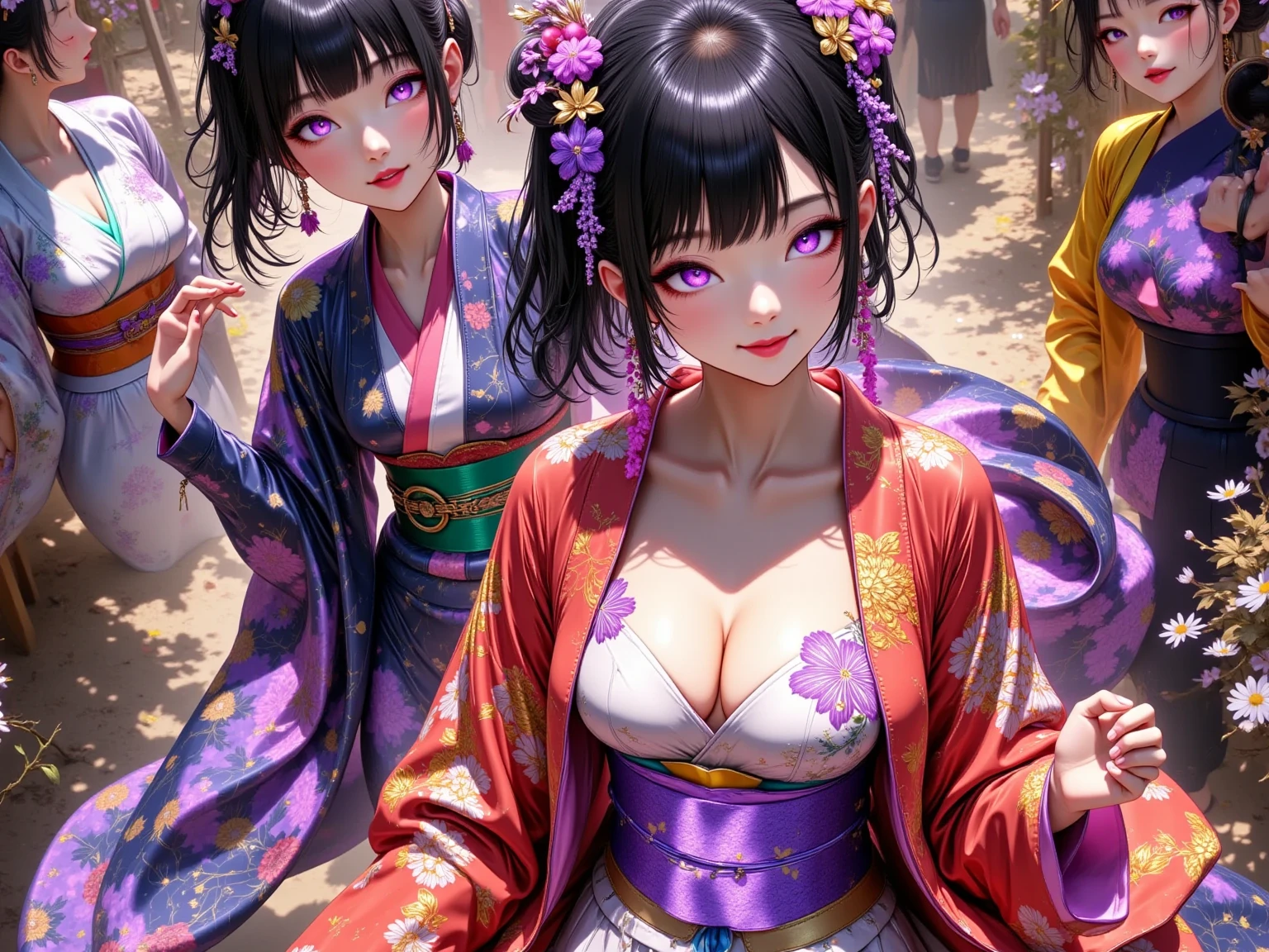  New Year's party scene , multiple beautiful young women ,(masterpiece:1.3, top quality :1.3, very detailed depiction:1.3, Incredible High Definition :1.3,High quality anime drawings),( brightly colored Japanese kimono :2.0,Vibrant embroidery,Everyone wears kimonos with different patterns),( purple eyes, half-closed eye , flashy makeup, black hair, glossy lips, big breasts,Beautiful legs,High quality skin, smiling happily),( scene eating food :2.0,Everyone is eating mochi dishes, New Year dishes ,New Year's gathering ,Toso), not looking at me ,Bird&#39;s-eye view