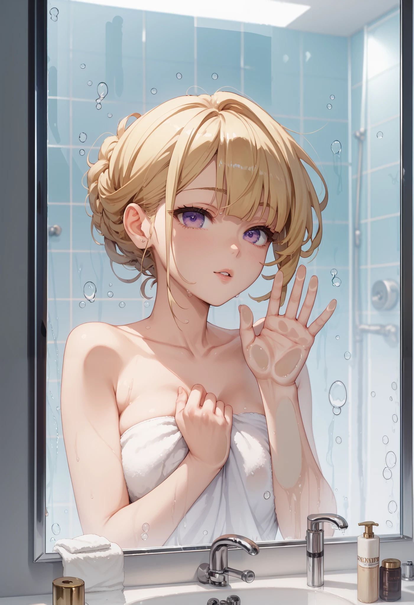 masterpiece, high resolution,Anime Art,Anime Numbers, 4k anime wallpaper,Soft Light, radiant skin, unique ,An anime girl, blond hair,Crawling on glass,The body is squeezed , wearing a white towel , gradient purple eyes,Bathroom Background