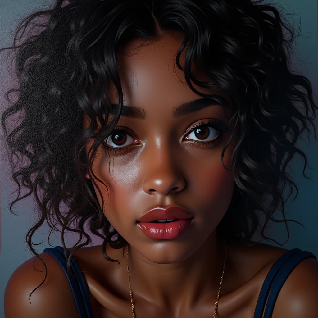 wide eyed, looking at viewer, big lips, darker skin, messy hair, curly hair, a beautiful girl with wide eyes looking directly at the viewer, plump lips, darker skin tone, messy and curly hair, (best quality,highres,masterpiece:1.2),ultra-detailed,(realistic,photorealistic,photo-realistic:1.37),hyper realistic portrait,detailed facial features,intricate hairstyle,warm lighting,rich colors,dramatic contrast,cinematic composition, a beautiful detailed close-up portrait of a girl with wide eyes looking directly at the viewer, big full lips, darker skin tone, messy curly hair, (best quality,highres,masterpiece:1.2),ultra-detailed,(realistic,photorealistic,photo-realistic:1.37),hyperrealistic,chiaroscuro lighting,dramatic lighting,dramatic shadows,intricate details,vibrant colors,oil painting