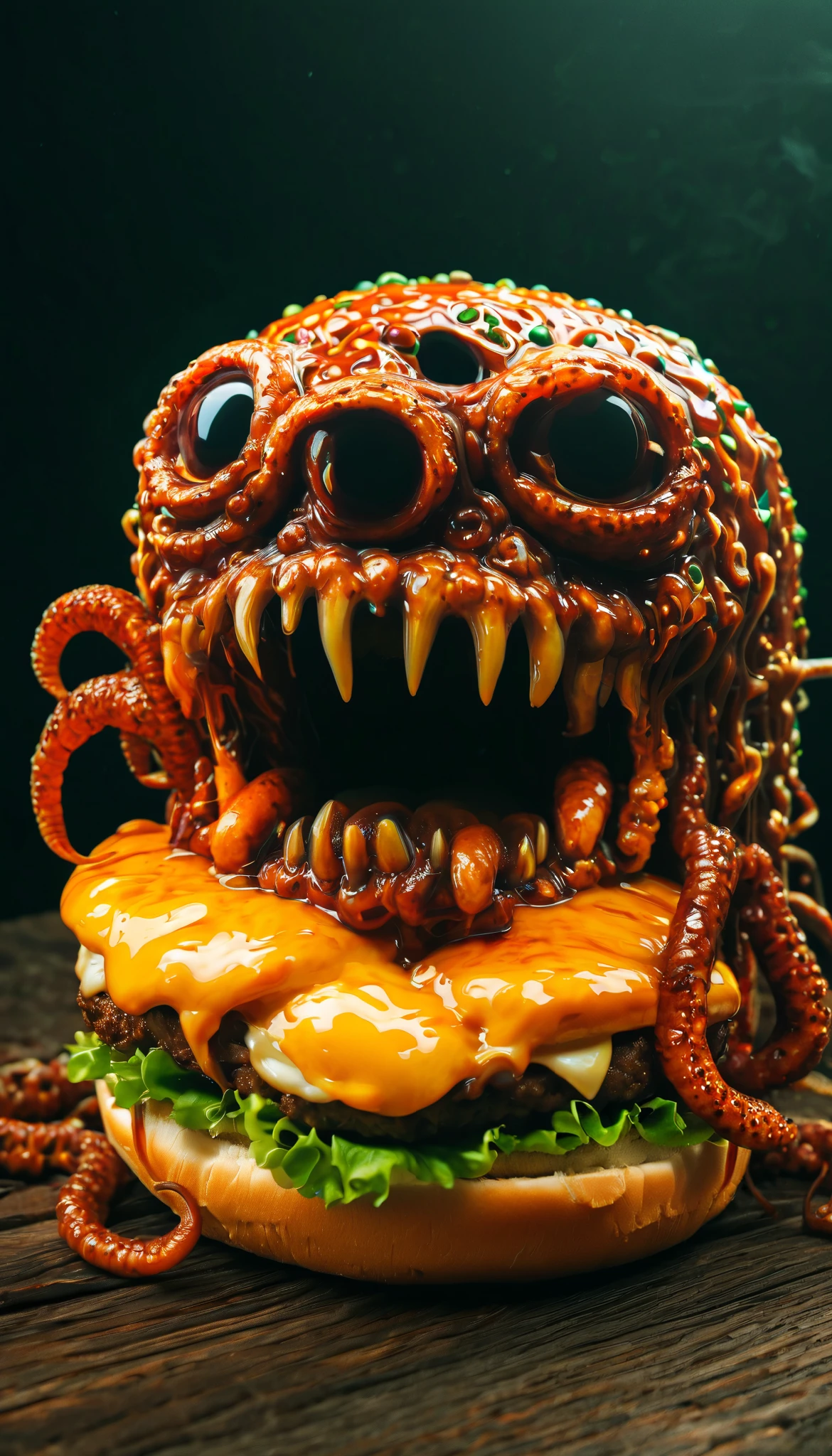 A monster with tentacle eyes bent down, Open your mouth and enjoy a huge one, steaming burger on the floor, Fisheye lens, cinematic footage, ( masterpiece, best quality, Good quality), Remember , detailed silhouettes,  bright colors ,  atmospheric lighting