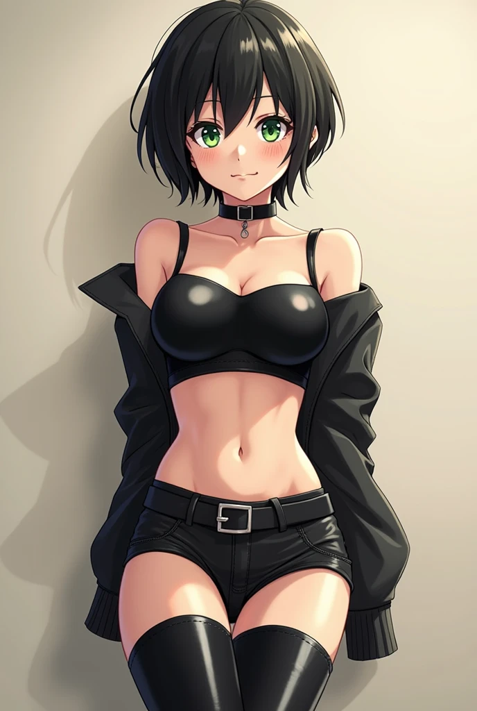 Girl with big breasts, wearing a short bikini top, short pants, black hair, blue eyes Short, short bob cut hair, big thighs, long black stockings and short black boots, with. A cross necklace , smoking quietly in some alleys while a shadow of a person is reflected. With shorts, spiky hair and very short hairstyle like a spiky boy