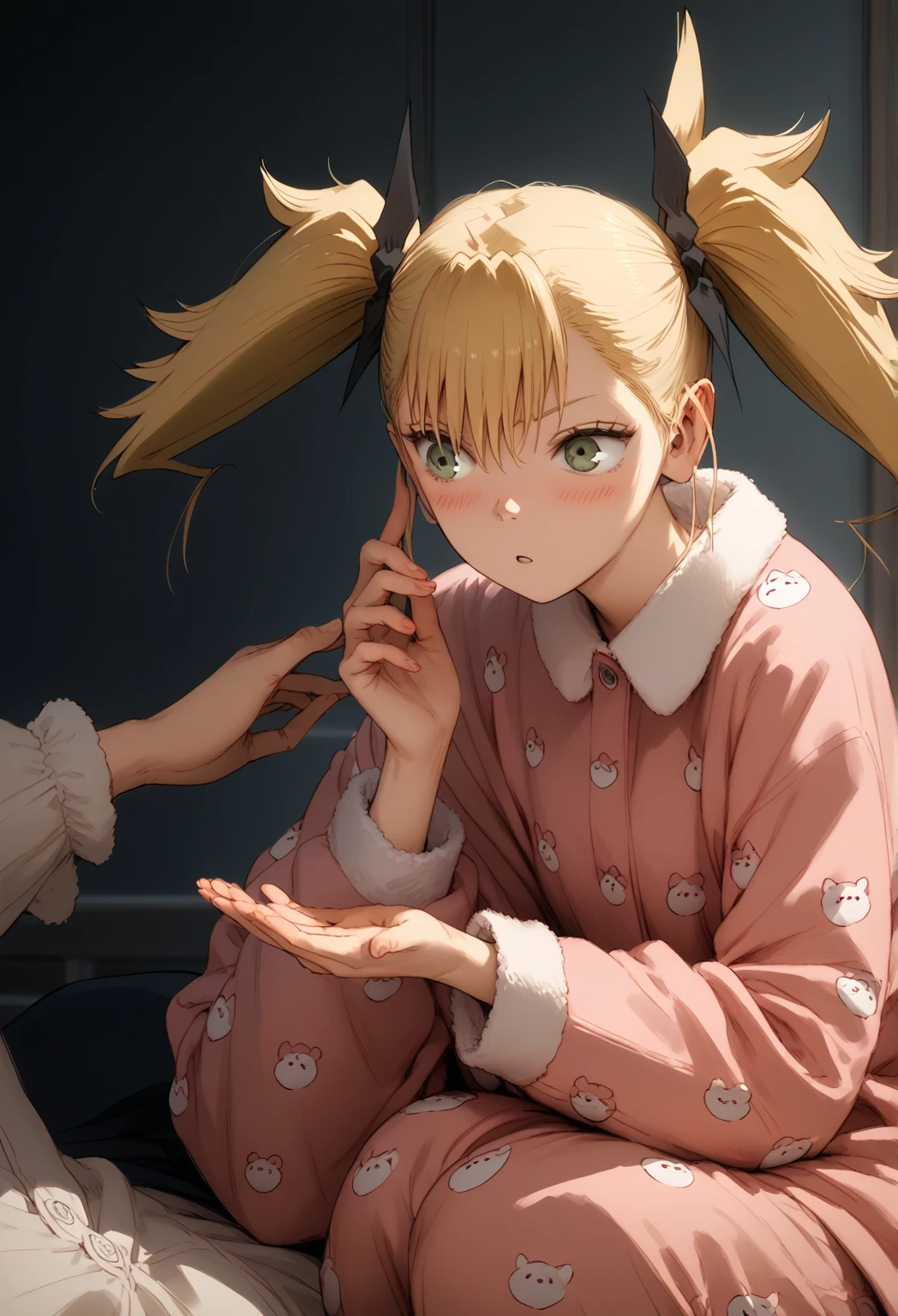 (masterpiece) (ultra_detailed) (best quality) shinomiya kikoru, 1girl, slim, fit, wearing animal pajamas, hair down, hair untie, sitting beside, hand reaching down, touching dick