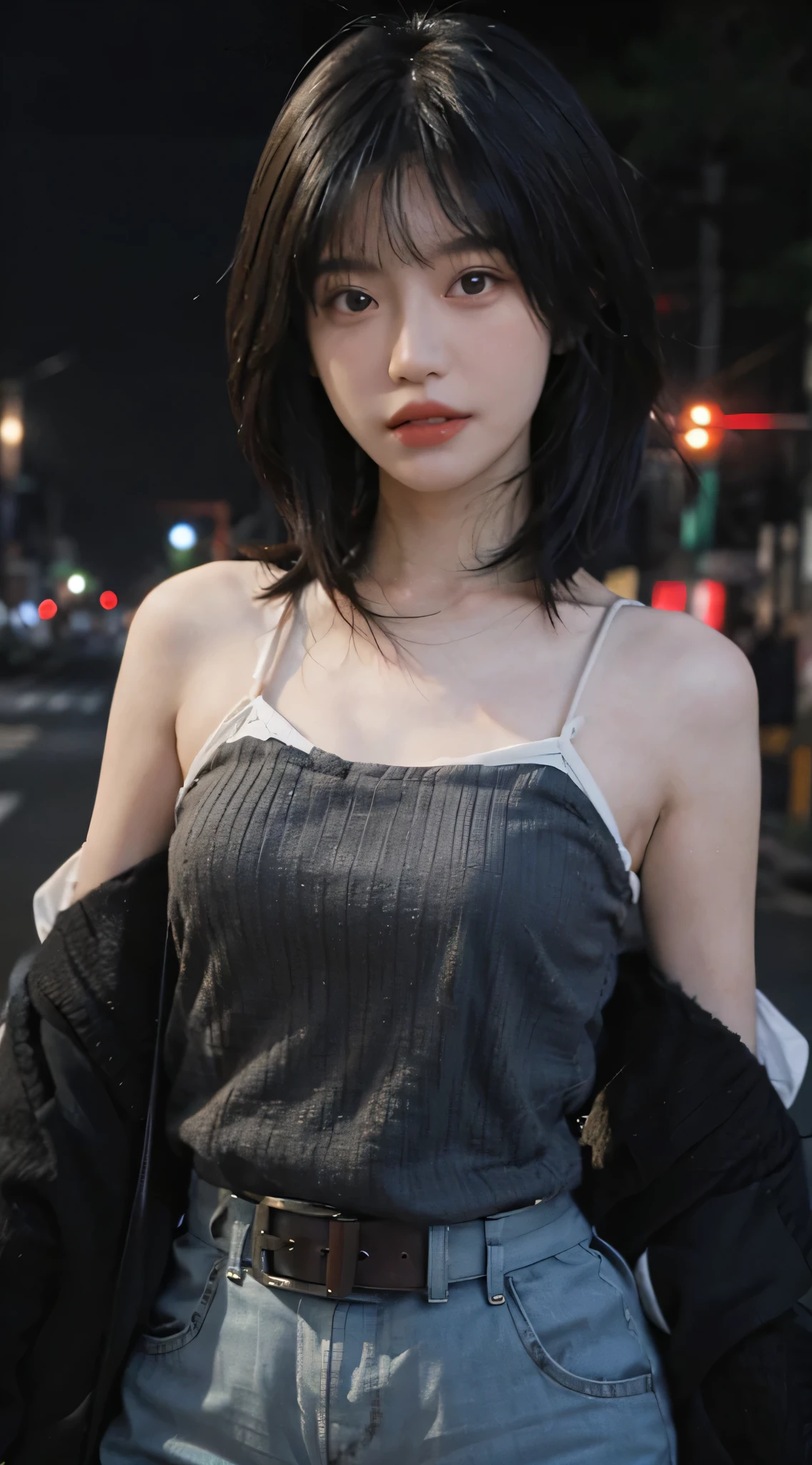 (realistic), (hyperrealism),best quality, masterpiece,ultra high res, (photorealistic:1.4),1girl,(looking at viewer:1.2),1girl, solo, realistic, looking at viewer, parted lips,  short jeans, tanktop,
,   <lora:makina69_mido_v1.0:1>