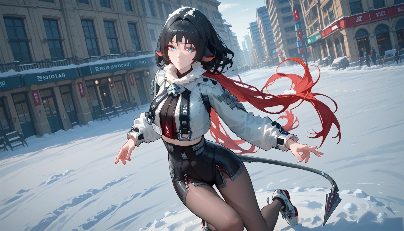 yanedoe- zzz, aqua eyes, long hair, black hair, portrait, very detailed face,  dynamic pose,  full length,  the body is completely 1.1.,   focus on small details ,  red hair, Animal ears,  looks at the viewer, Above the building,I look at the city, sexy clothes , cute to the viewer ,  very sexy suit ,  snow , на фоне  snow а бюстгальтер, erotica, very sexy,  sexy position ,  summer dress,  sexy clothes ,