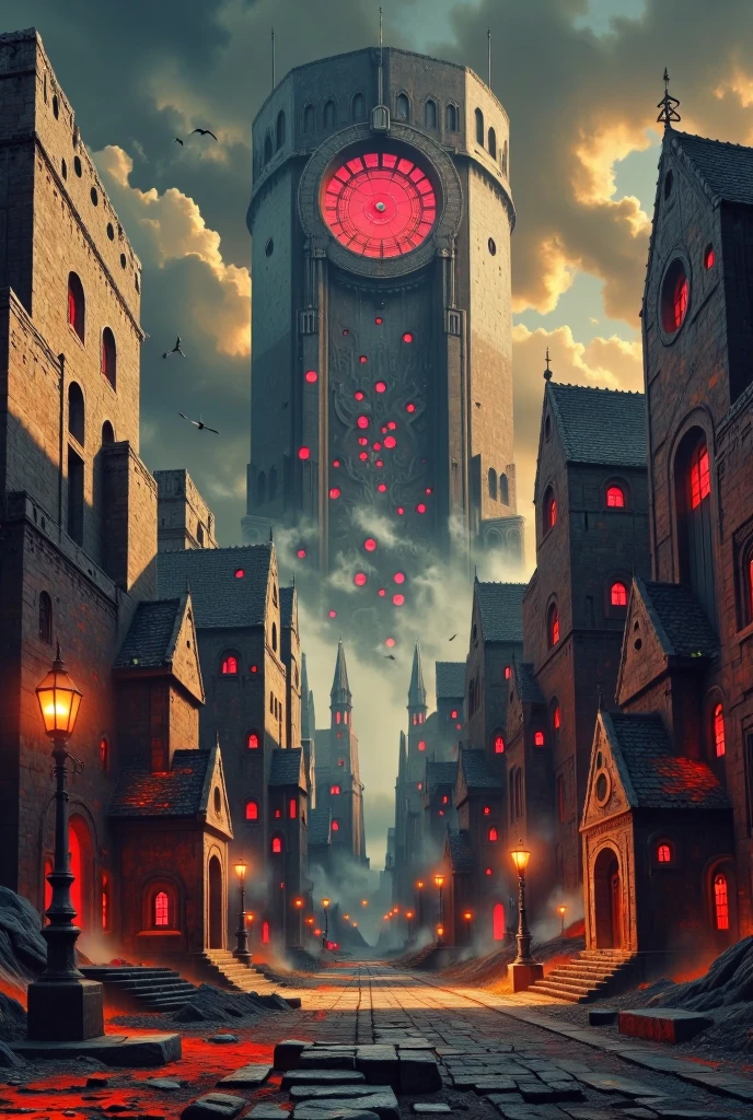 In the distance, there is a massive dwarven steampunk city featuring buildings that encircle a large tower silo at its center. The tower is adorned with large round windows through which red energy visibly emanates. The scene is highly detailed and photorealistic, rendered in 8K resolution with cinematic lighting. It captures an epic fantasy atmosphere with dramatic lighting, presented as a digital painting, matte painting, or concept art.