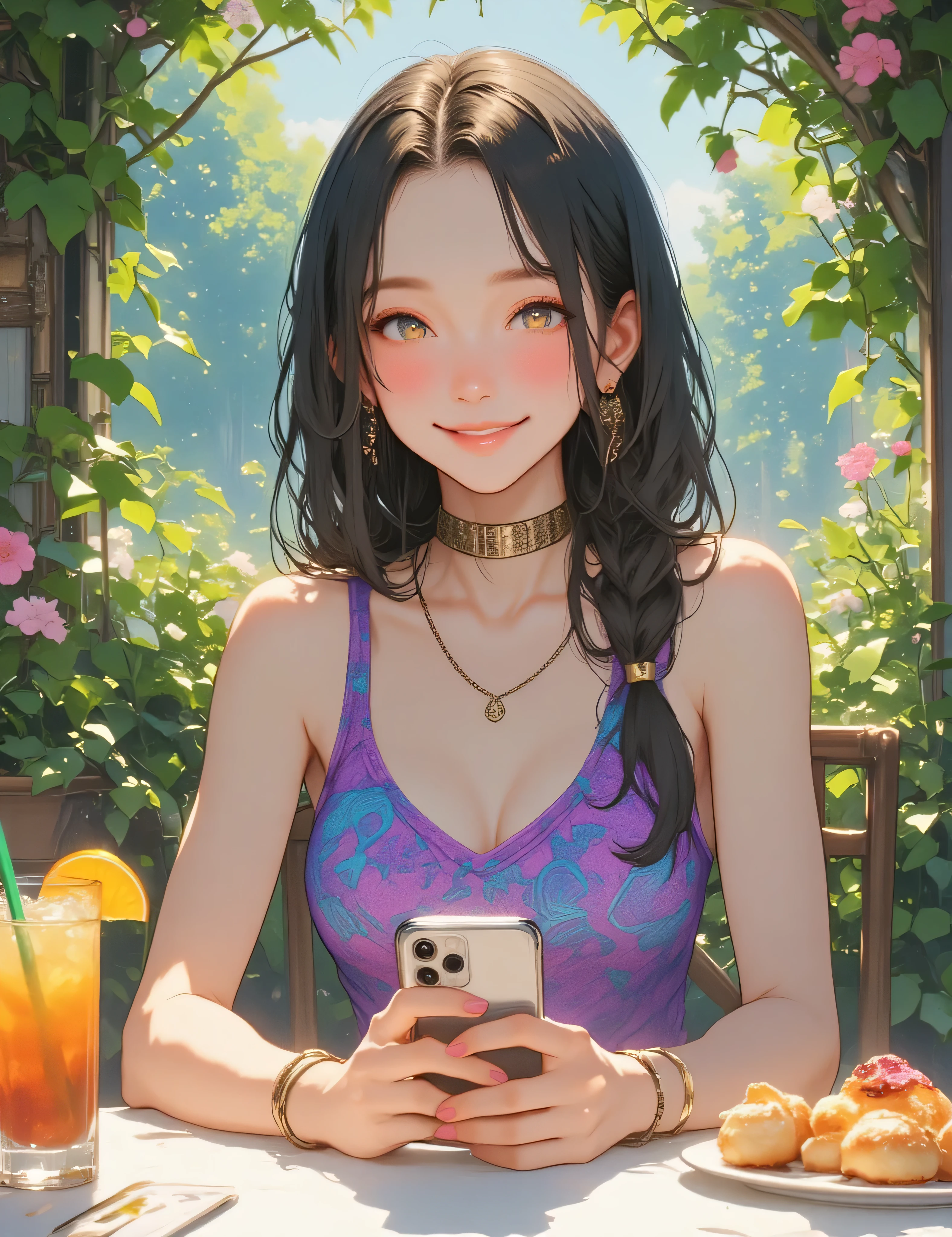 plano general, full body, 1 splendid young girl with very long braided black hair, she looks in the opposite direction, with a smile, BREAK/, accessory: chain, earring, wrist bracelet. BREAK/, clothing: she wears a neon purple tank top printed with cyan blue hexagonal ornaments. BREAK Characteristic: She is sitting at a table in a pleasant and green outdoor setting and she looks at the viewer while leaning on the table, her phone (iPhone), is placed on the table with a clear case, to take a selfie. BREAK/, Context and environment:
The background shows a lush garden with many green plants and flowers, The atmosphere is bright, lit by natural daylight, probably a sunny afternoon, The table is white and nicely set, A plate containing pastries, A glass of orange drink with a slice of orange and a green straw, probably a cocktail or iced tea. BREAK/
location: Outdoor garden.,masterpiece, best quality, lighting, fast shutter speed, very realistic hands, unique,8k,ultra realistic ,