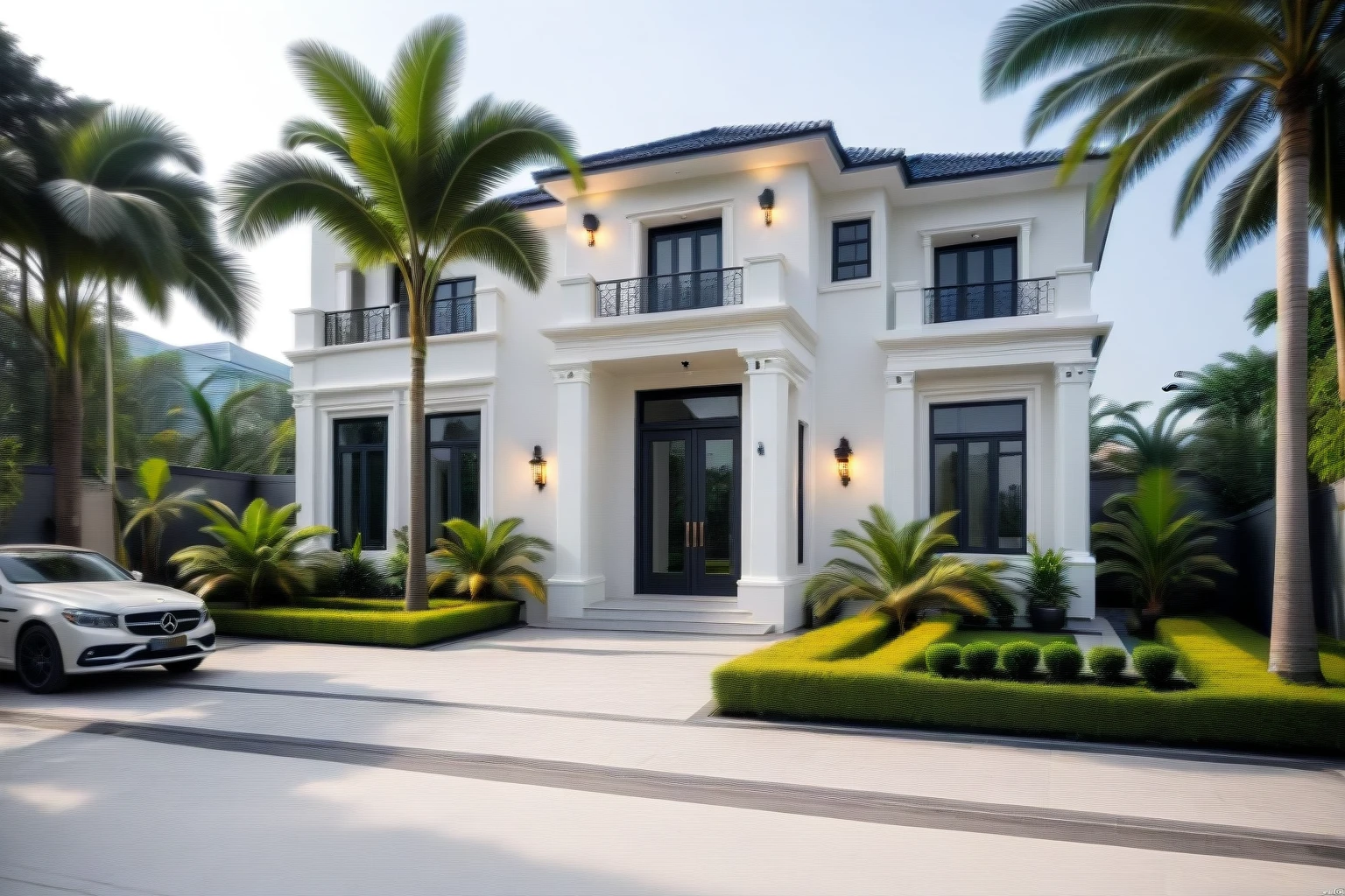 (masterpiece:1.2), best quality, photo of A two-story modern house in VietNam with white walls and dark tiles on the roof., tree and plant environment,daylight, streetcapes, natural light, vivid color, The exterior of an elegant single family home features large windows, a dark gray door frame.