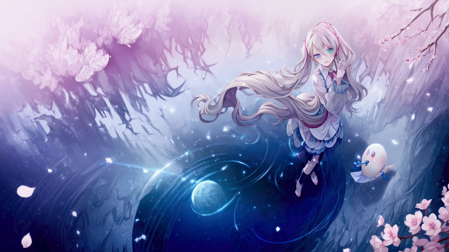 ((masterpiece,  top quality ,  Super Definition,  high res)), Hatsune Miku , silver hair, odd-eye,Ice and Cherry Blossoms ,On the Lake