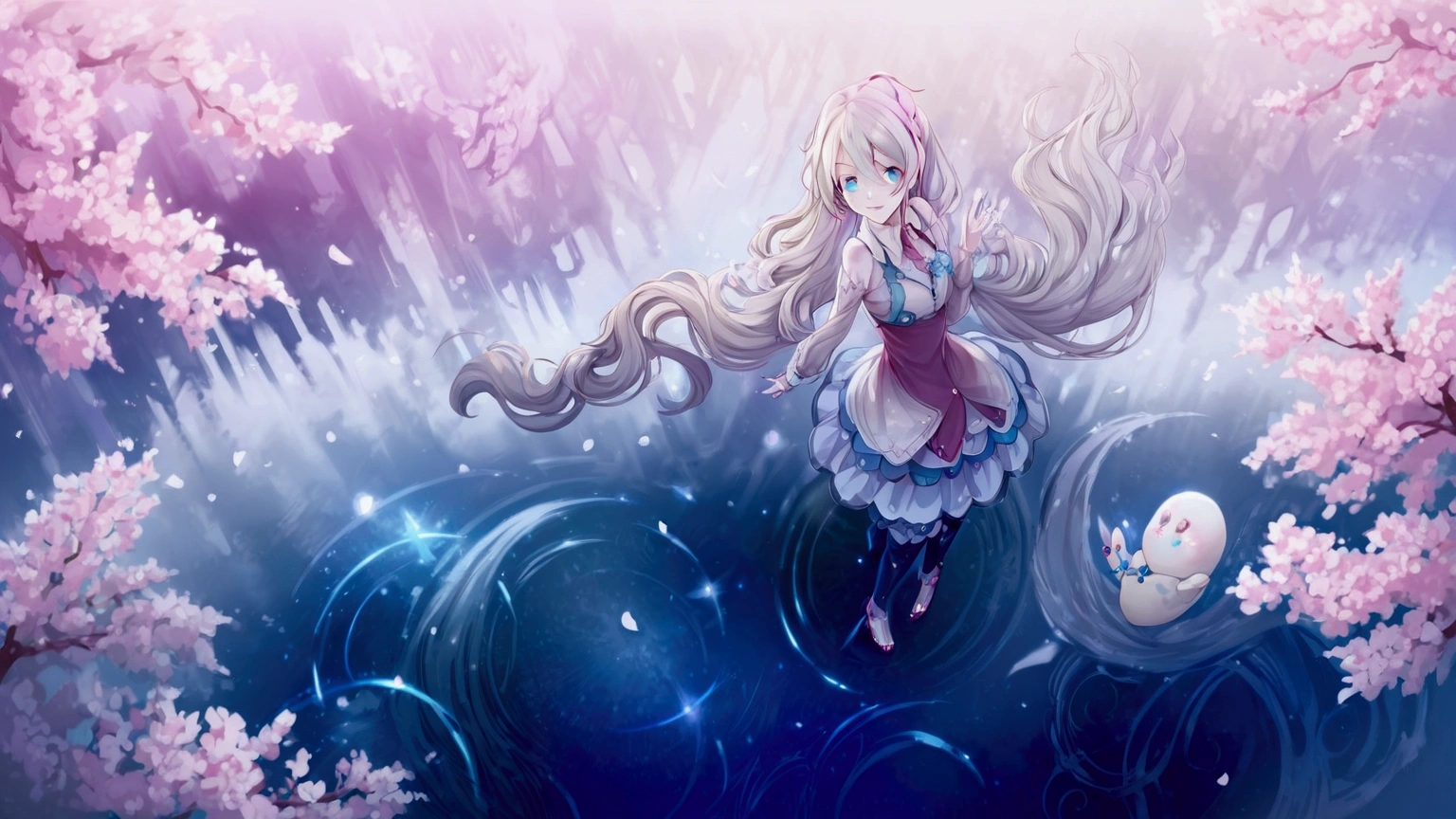 ((masterpiece,  top quality ,  Super Definition,  high res)), Hatsune Miku , silver hair, odd-eye,Ice and Cherry Blossoms ,On the Lake