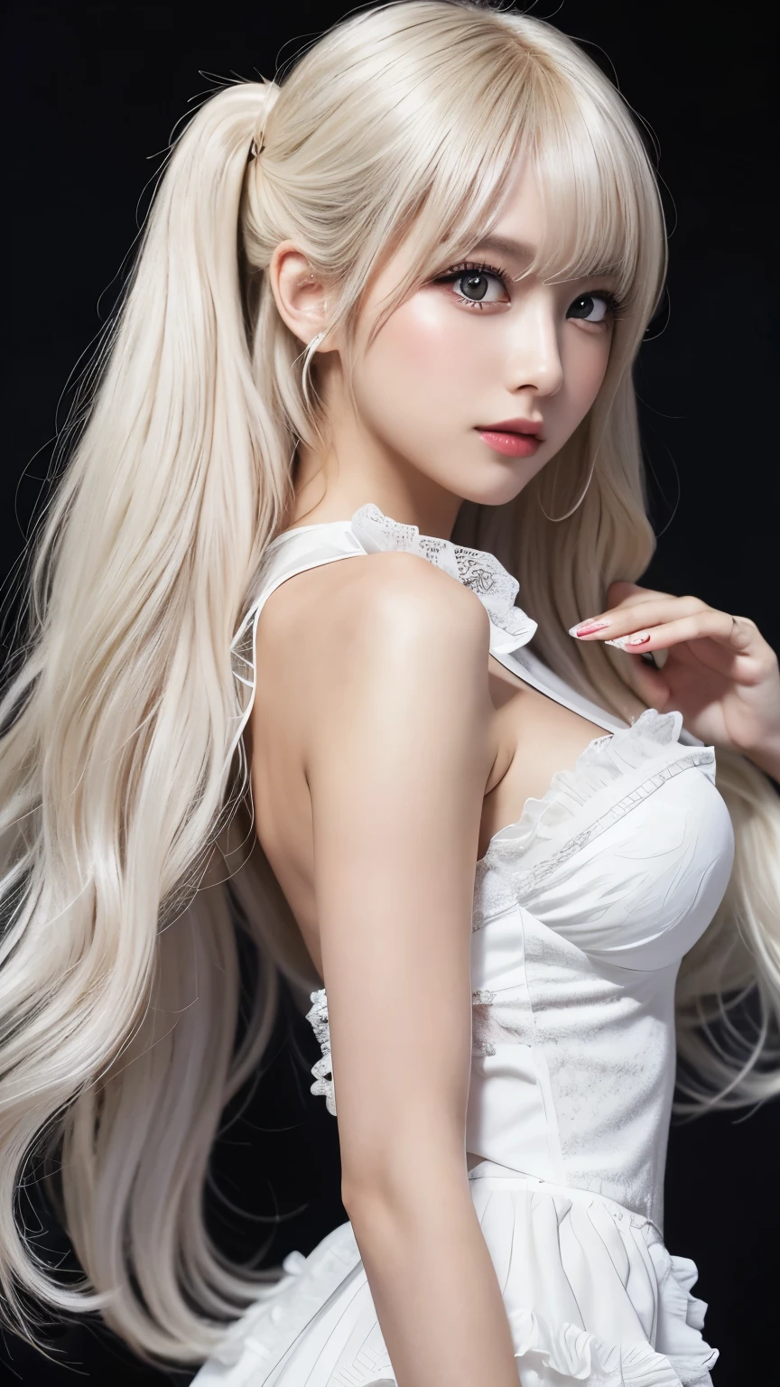 Gothic ****ta:2.0、round face:2.0、 Twin Tails 、Curly Hair:2.0、cowboy shot:2.0、Extreme pose、white Hair:1.0、Super Long Hair:2.0、Waist-length hair、Northern Europe:1.0、beautiful girl、White background、cute、Young、True Face、Shiny Hair、whole body、tab highest quality, figure, super detailed, finely, High resolution, 8k wallpaper, Perfect dynamic composition, detailed and beautiful eyes,blondes, Natural Color Lip,white background, random cute poses,