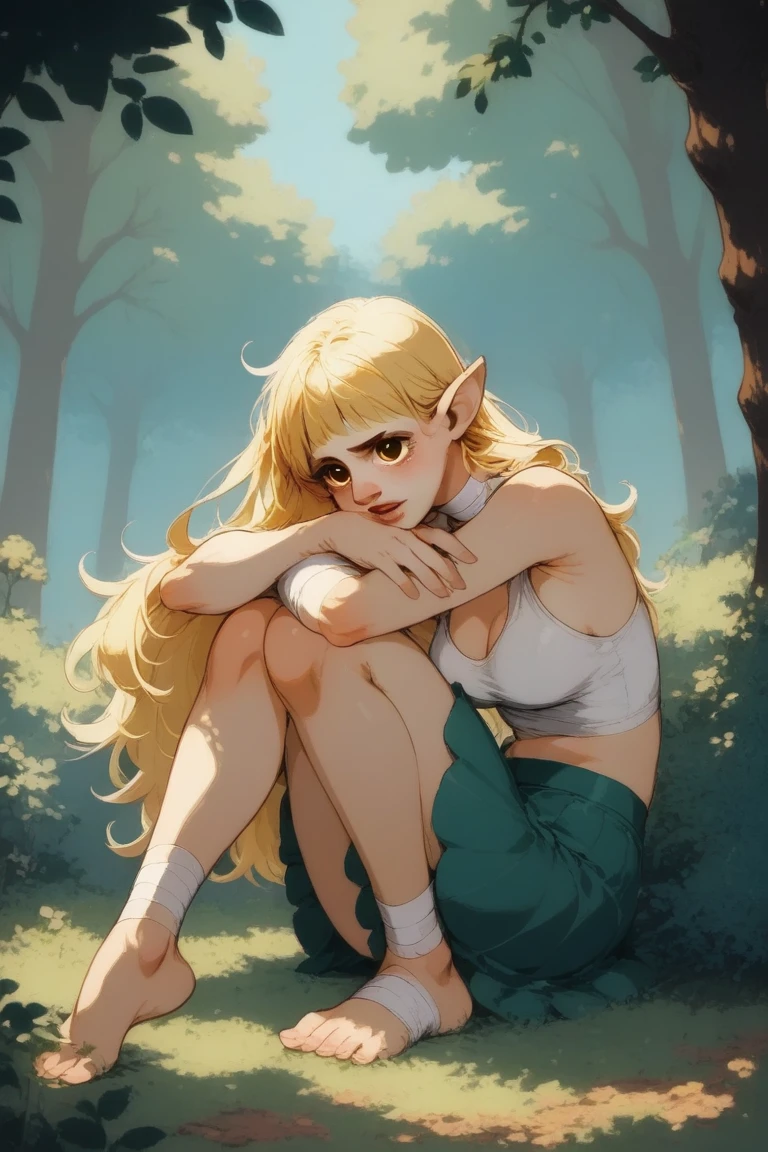 (one piece oc) sexy elf with long blonde hair, wearing a white top and skirt, with bandages wrapped around her neck and her ankles. in the woods