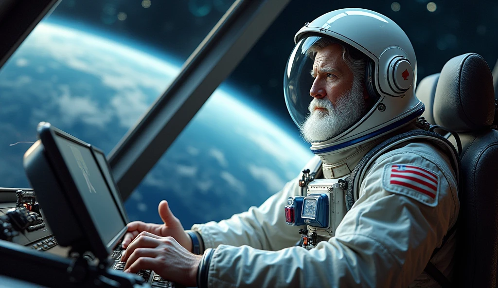 Un piloto espacial observando el viejo panel de control de su nave espacial, imagen realista, Disco duro, Size 1920 x 1080 px, 4k