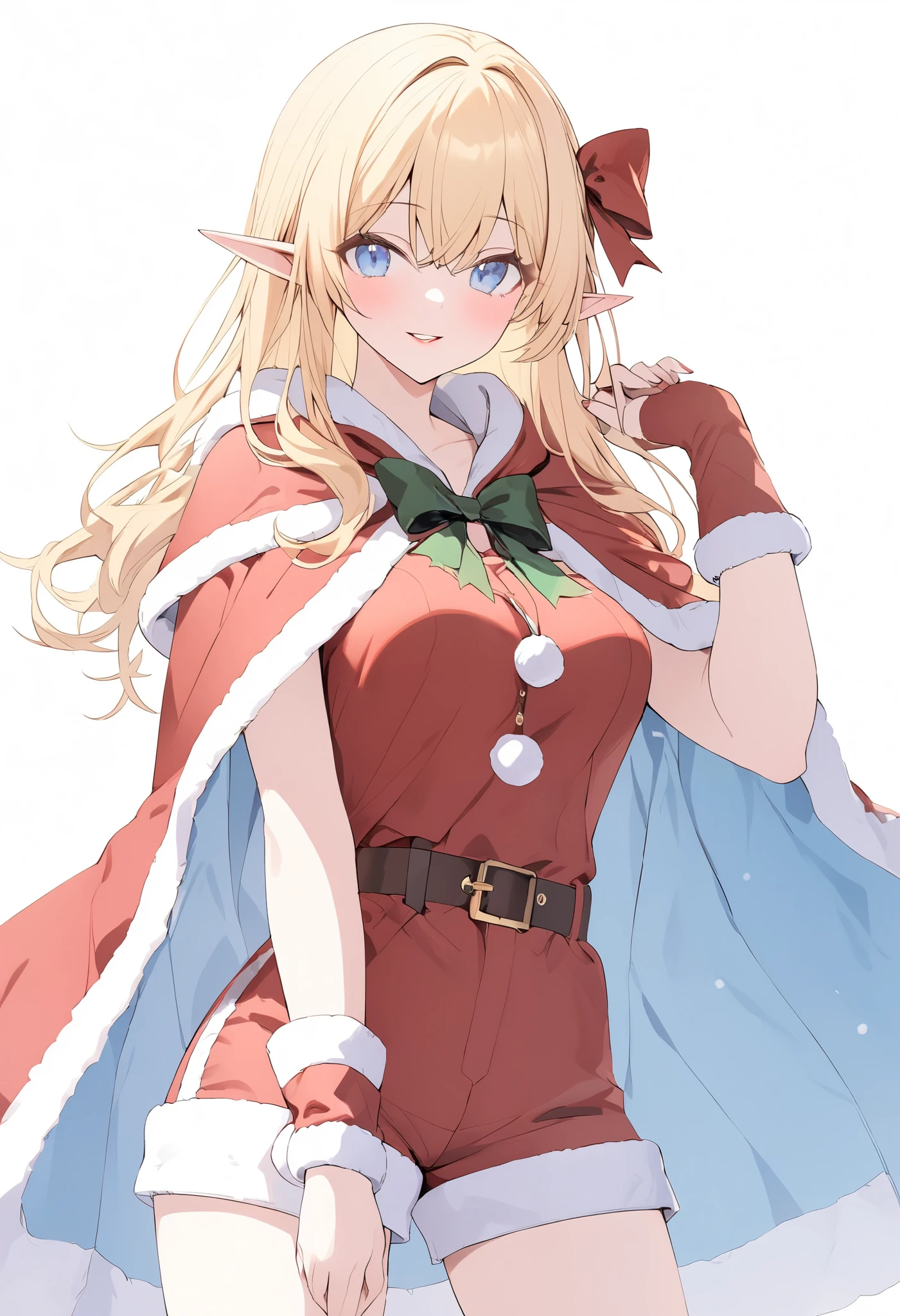 {{masterpiece、 Attention to Details , perfect eyes}}、((White background,from front,  cowboy shot))、18 years old、 1 girl、Elf、 medium breasts、Blonde、blue inner hair、Blue Eyes、( Santa Claus costume、 shorts 、Cape)smile、lipstick、Standing tall