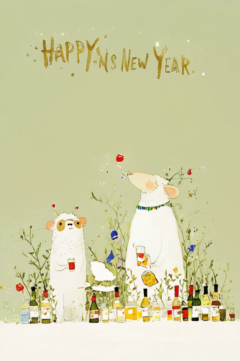 「happy new year」Signboard, New Year's Eve Party with Drunk Animals,  Red Faced Animals ,monkey,dog,cat,sheep,Rat, Meerkat ,butterfly, drink sperm with a , Very Complex and Detailed Ink Painting  ,  Colors of Ink and Silk  , Ink and watercolor illustrations , Ration,Book illustrations, watercolor,  Full Page Illustration  , Picture Book illustrations, very detailed, Cartoon anime animals,Party Hats,fruit,The animals that toast,cracker🎉🎉🎉