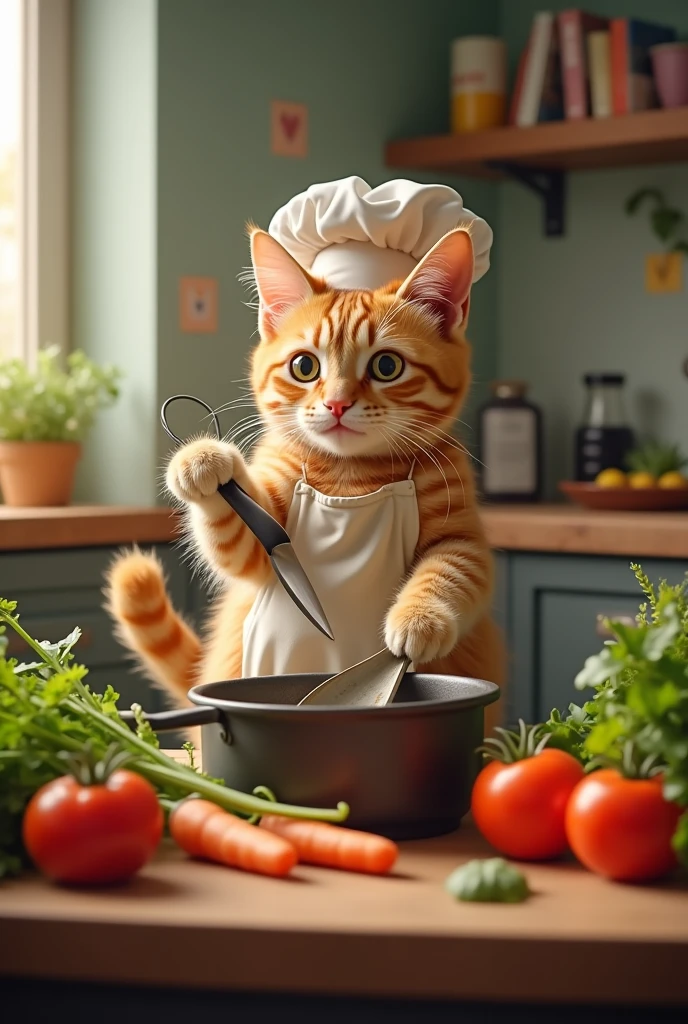 A cat cooks amid vegetables and the picture is attractive and ...