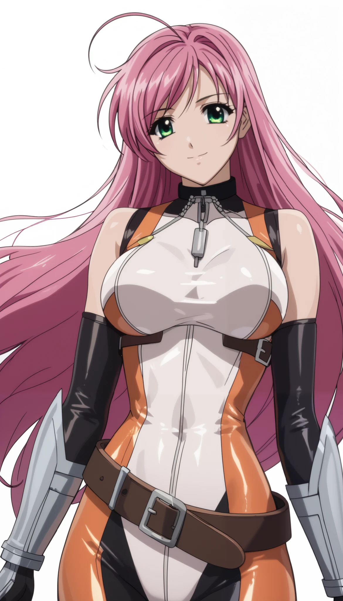 normal moka akashiya, long hair, green eyes, pink hair, ahoge, large breasts, gloves, belt, bodysuit, magical girl, gauntlets, light smile,Shiny Hair、Tight waist、Small waist、Glowing Skin、(white background:1.2)、eight-headed body、Beauty、