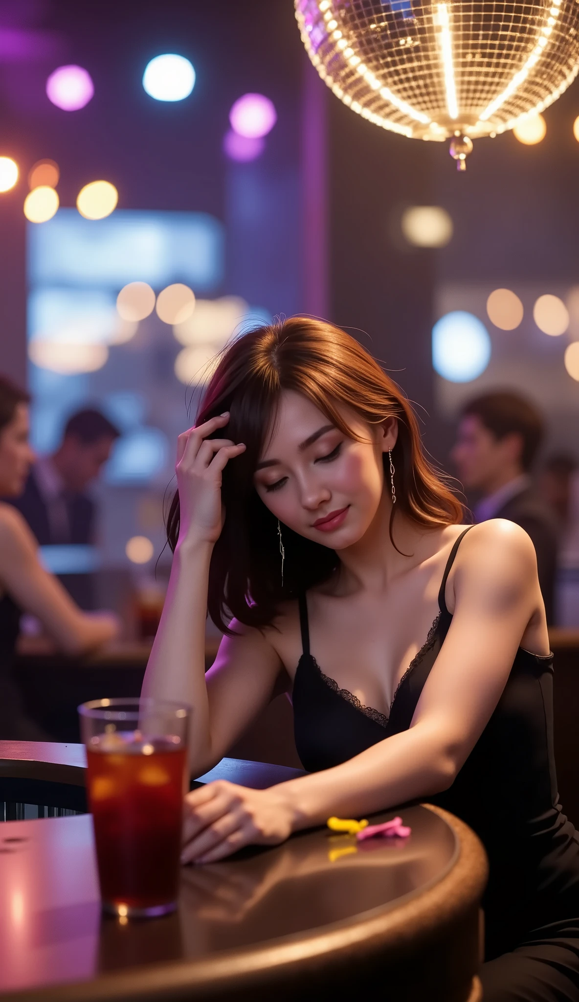 8K resolution, masterpiece, Highest quality, Award-winning works, A woman falls asleep at the bar counter after drinking too much at a New Year's party, disco, dance party, cocktails, mirror ball,