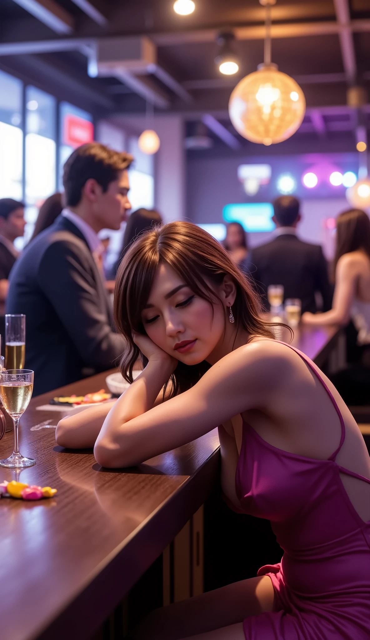 8K resolution, masterpiece, Highest quality, Award-winning works, A woman falls asleep at the bar counter after drinking too much at a New Year's party, disco, dance party, cocktails, mirror ball,