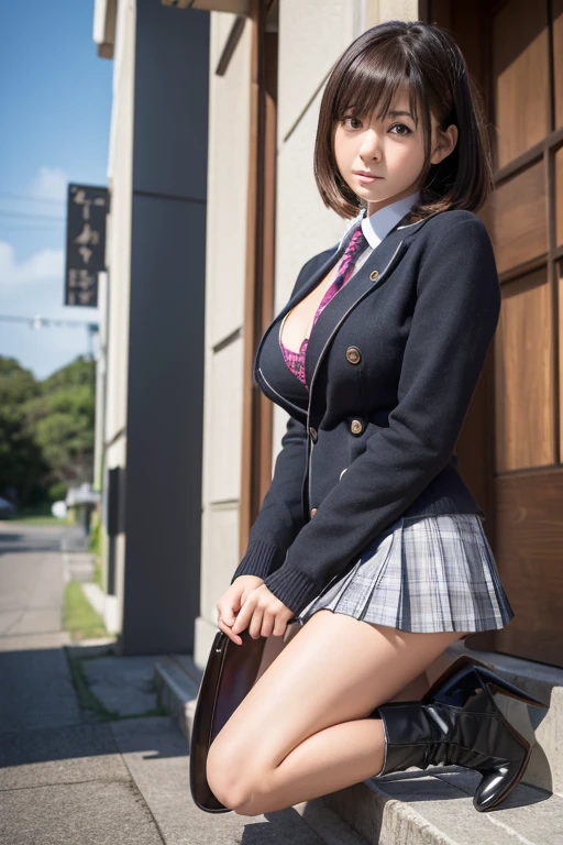 In 8K,highest quality,real image,intricate details,Super high resolution,depth field,Masseter muscle part,natural soft light,professional lighting,1 girl,(cute:1.2),very beautiful 17 year old girl, ((beautiful anime eyes with fine detail)),(brown hair),(short haired),(bangs),perfect skin,shiny skin,pure white skin,fine skin, (((huge breasts:1.2))),((perfect anatomy,nice hands,perfect hands,five fingers connected to the palm,Accurate needle with no discomfort)),perfect bare legs,delicate legs,perfect proportions,Sexy,((japanese uniform)),((checked mini skirt)),(tie),black socks,brown leather shoes, nsfw,(skirt lift:1.3), wearing no underwear, ((Pull up your own shirt)),(showing nipples), (Blushing and shy expression), standing figure, In Times Square.