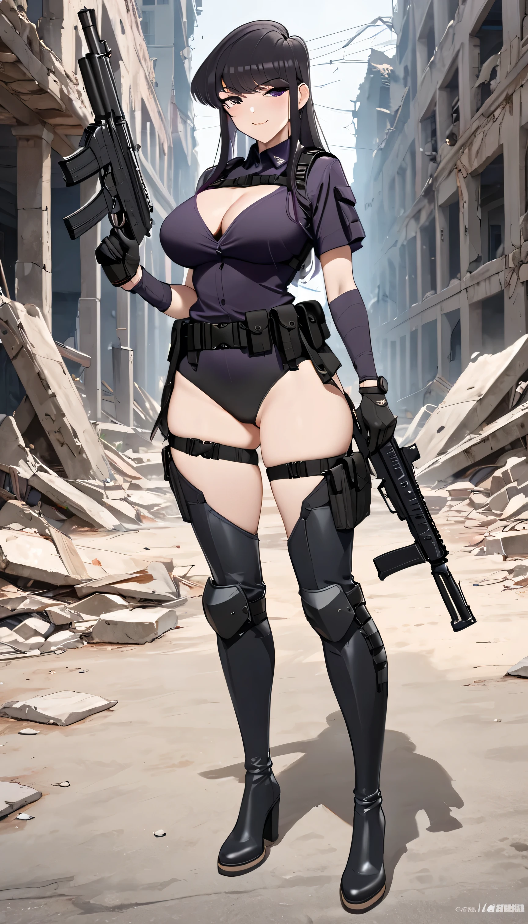 ultra-detailed, 1girl, komi_shouko, ((masterpiece)), (best quality), (highres), 16K, perfect face, purple eyes, long hair, black hair, bangs, hat, wearing tactical clothes, wearing black panties, black gloves, tactical belt, thigh boots, busty body, large breasts and a beautiful ass, showcasing cleavage, legs, hips, holding gun, looking at viewer, smile, detailed full body, ruins background