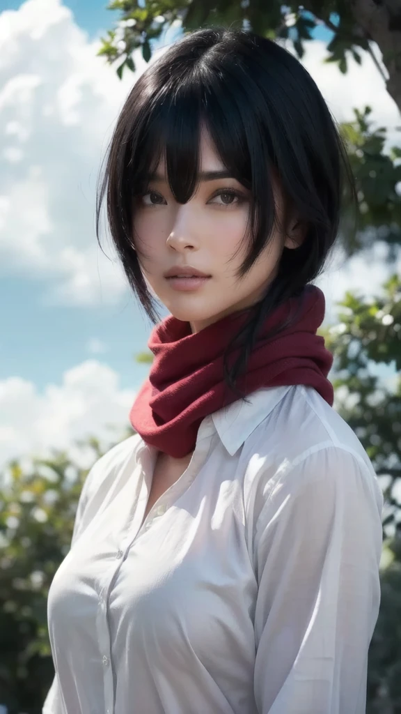 best quality, ultra high res, (photorealistic:1.4),cute,cityscape, night, professional lighting, photon mapping, radiosity, physically-based rendering,aot style, shingeki no kyojin, mikasa ackerman, 1girl, arm strap, bangs, black hair, black pants, breasts, cowboy shot, embers, green eyes, grey background, hair between eyes, harness, long sleeves, looking at viewer, medium breasts, pants, red scarf, scarf, shirt, short hair, smoke, solo, thigh strap, brown jacket, white shirt, survey corps \(emblem\) , ((masterpiece)), best quality