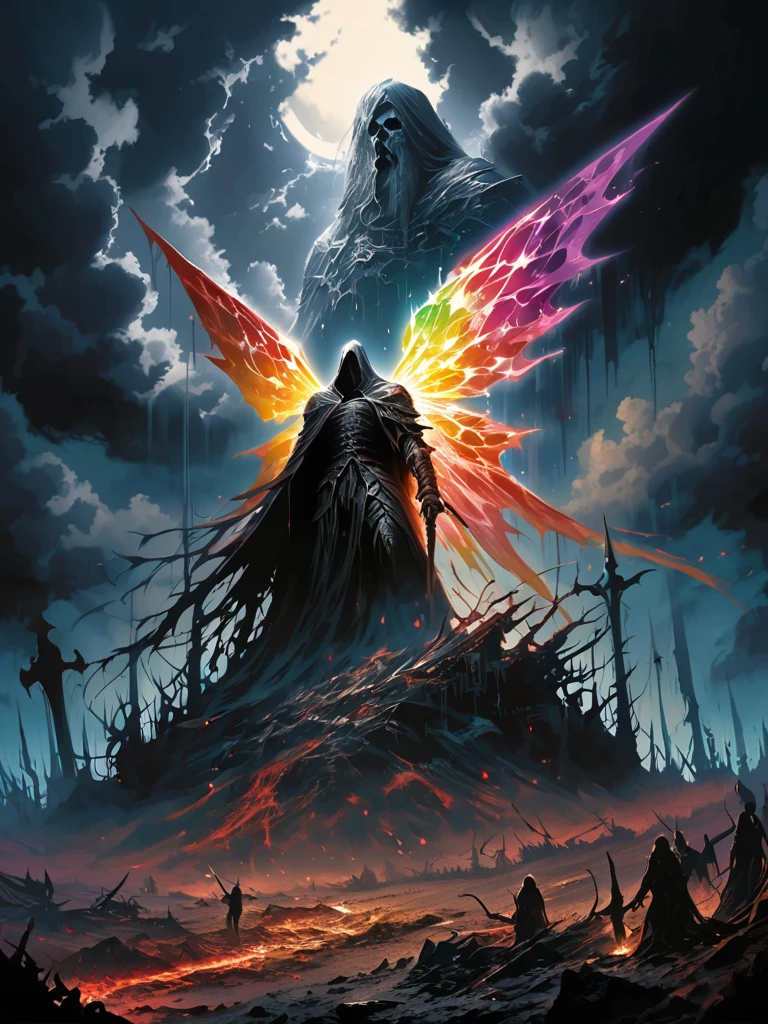 Light brings , colorful giant crystal wings,moonlight, remains，end，war，Ominous clouds,  dark fantasy illustration style , Dark Arts,   high contrast with windows 