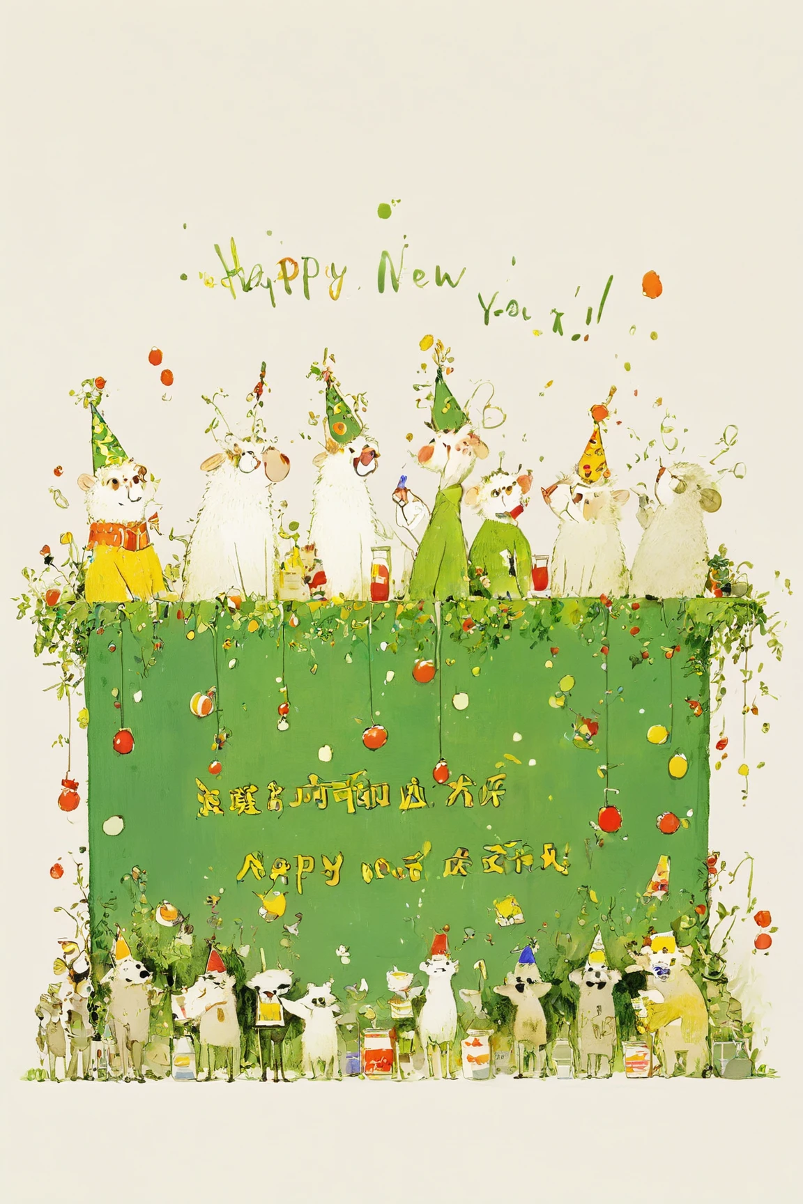 「happy new year」Signboard, New Year's Eve Party with Drunk Animals,  Red Faced Animals ,monkey,dog,cat,sheep,Rat, Meerkat ,butterfly, drink sperm with a , Very Complex and Detailed Ink Painting  ,  Colors of Ink and Silk  , Ink and watercolor illustrations , Ration,Book illustrations, watercolor,  Full Page Illustration  , Picture Book illustrations, very detailed, Cartoon anime animals,Party Hats,fruit