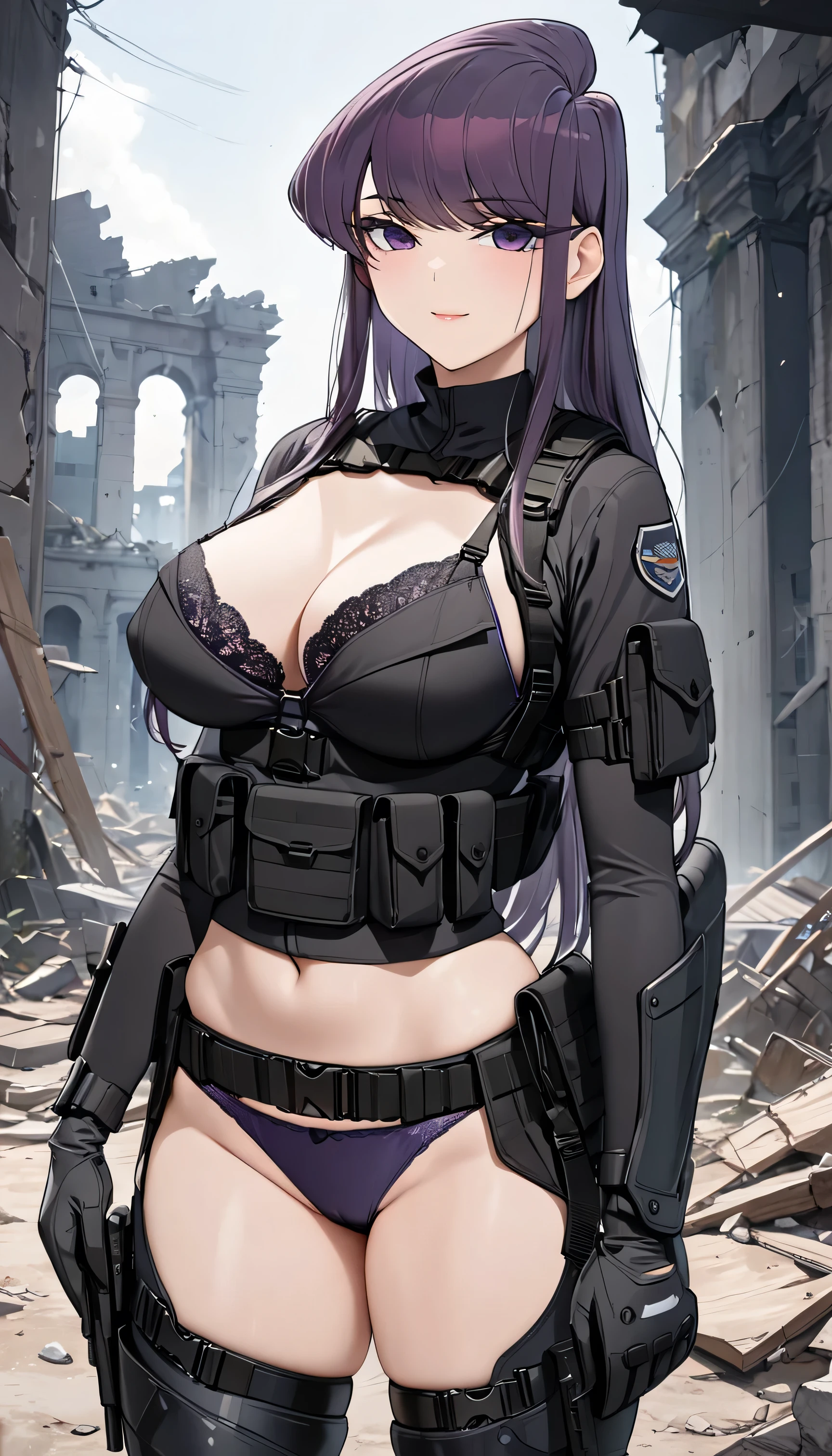 ultra-detailed, 1girl, komi_shouko, ((masterpiece)), (best quality), (highres), 16K, perfect face, purple eyes, long hair, purple hair, bangs, hat, wearing tactical clothes, wearing black bra, wearing black panties, black gloves, tactical belt, thigh boots, busty body, large breasts and a beautiful ass, showcasing cleavage, legs, hips, holding gun, looking at viewer, smile, detailed full body, ruins background