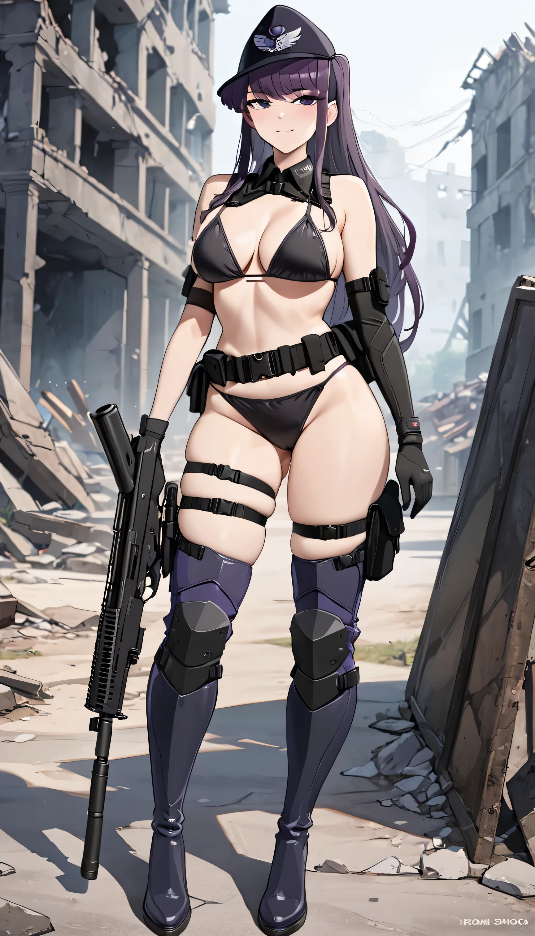 ultra-detailed, 1girl, komi_shouko, ((masterpiece)), (best quality), (highres), 16K, perfect face, purple eyes, long hair, purple hair, bangs, hat, wearing tactical clothes, wearing black micro bikini, wearing black panties, black gloves, tactical belt, thigh boots, busty body, large breasts and a beautiful ass, showcasing cleavage, legs, hips, holding gun, looking at viewer, smile, detailed full body, ruins background